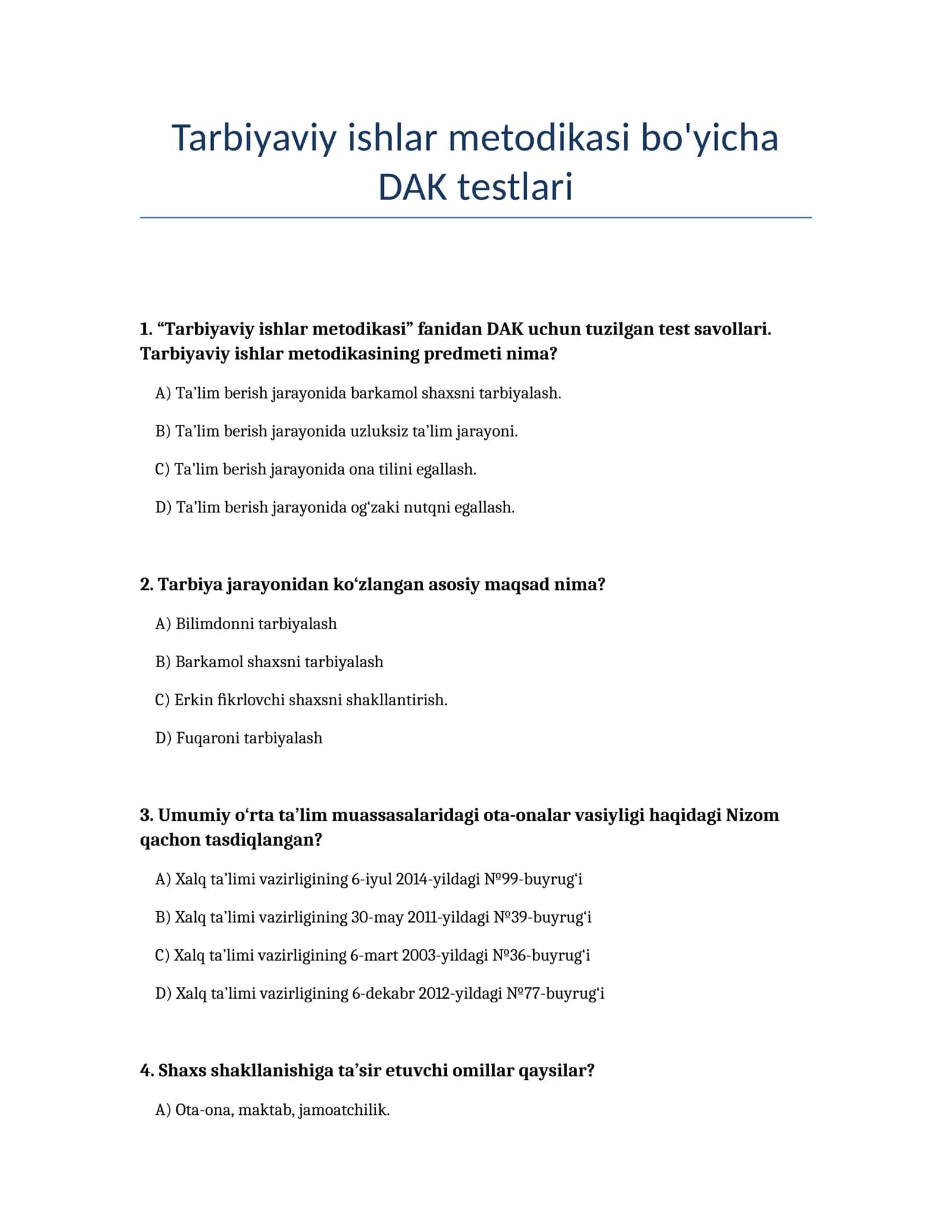 Tarbiyaviy ishlar metodikasi bo'yicha DAK testlari