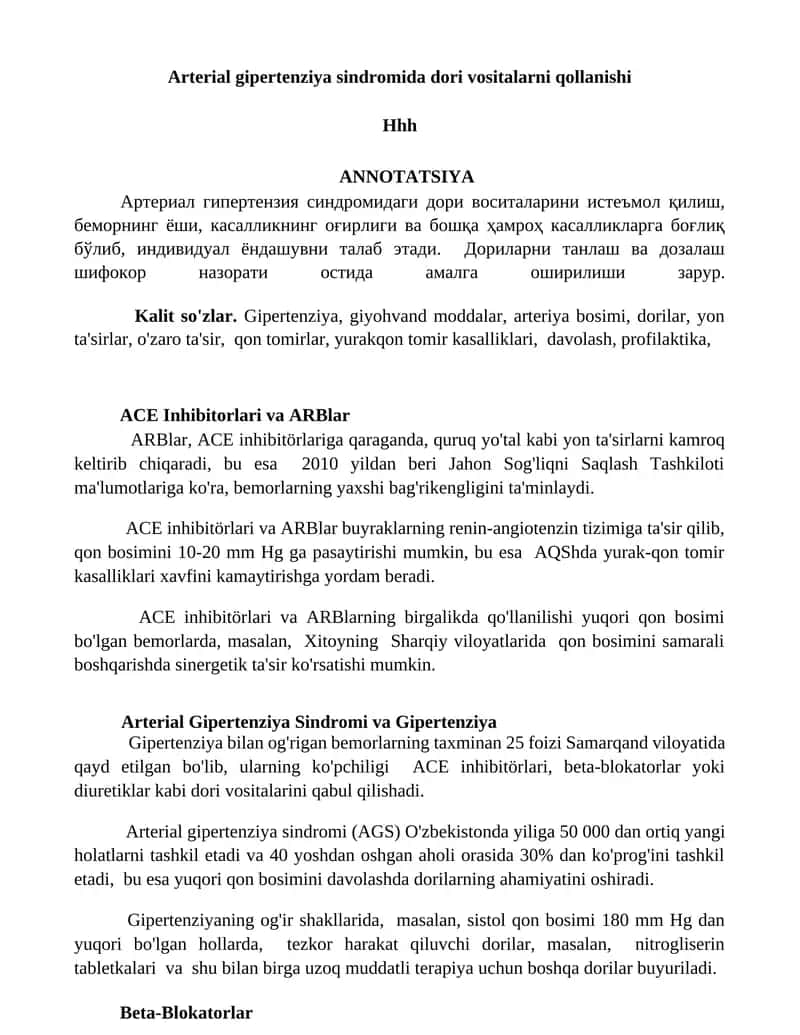 Arterial gipertenziya sindromida dori vositalarni qollanishi