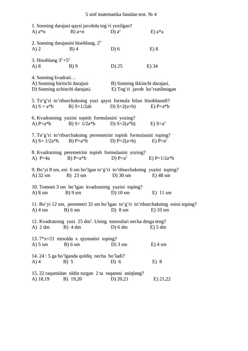 5-SINF MATEMATIKA TEST