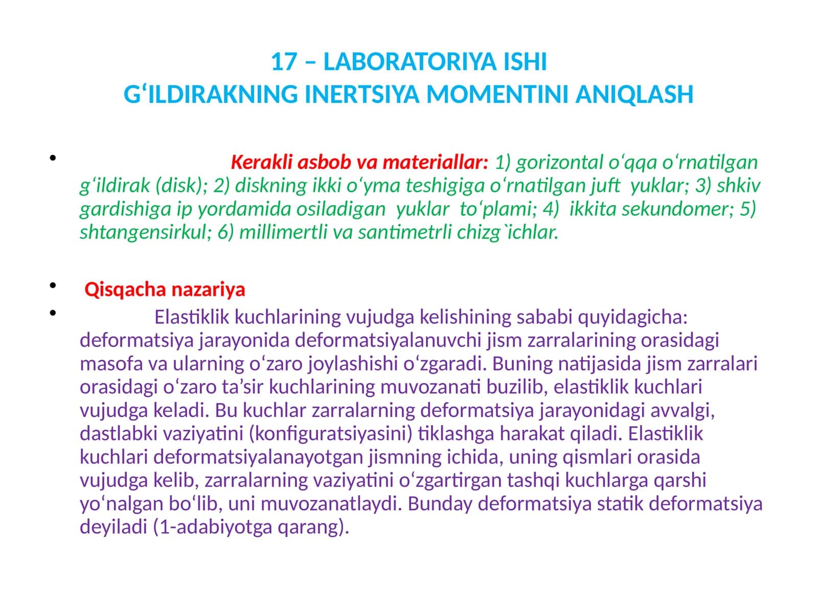 LABORATORIYA ISHIG‘ILDIRAKNING INERTSIYA MOMENTINI ANIQLASH