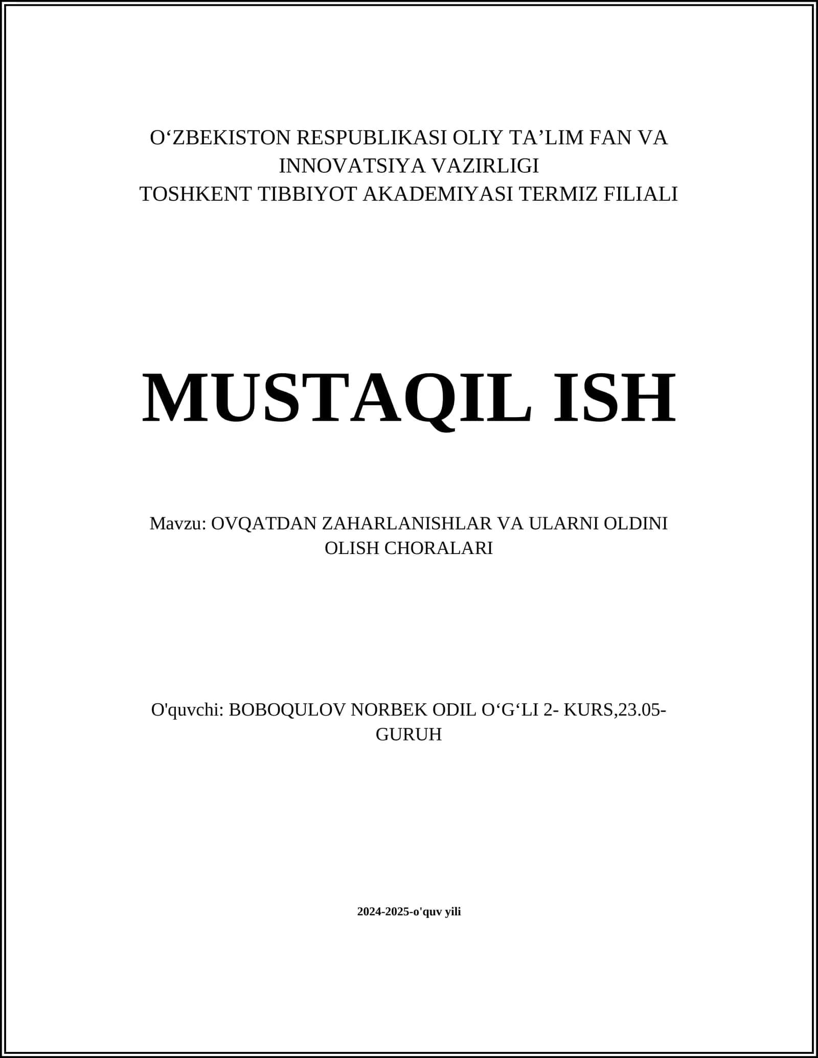 OVQATDAN ZAHARLANISHLAR VA ULARNI OLDINI OLISH CHORALARI