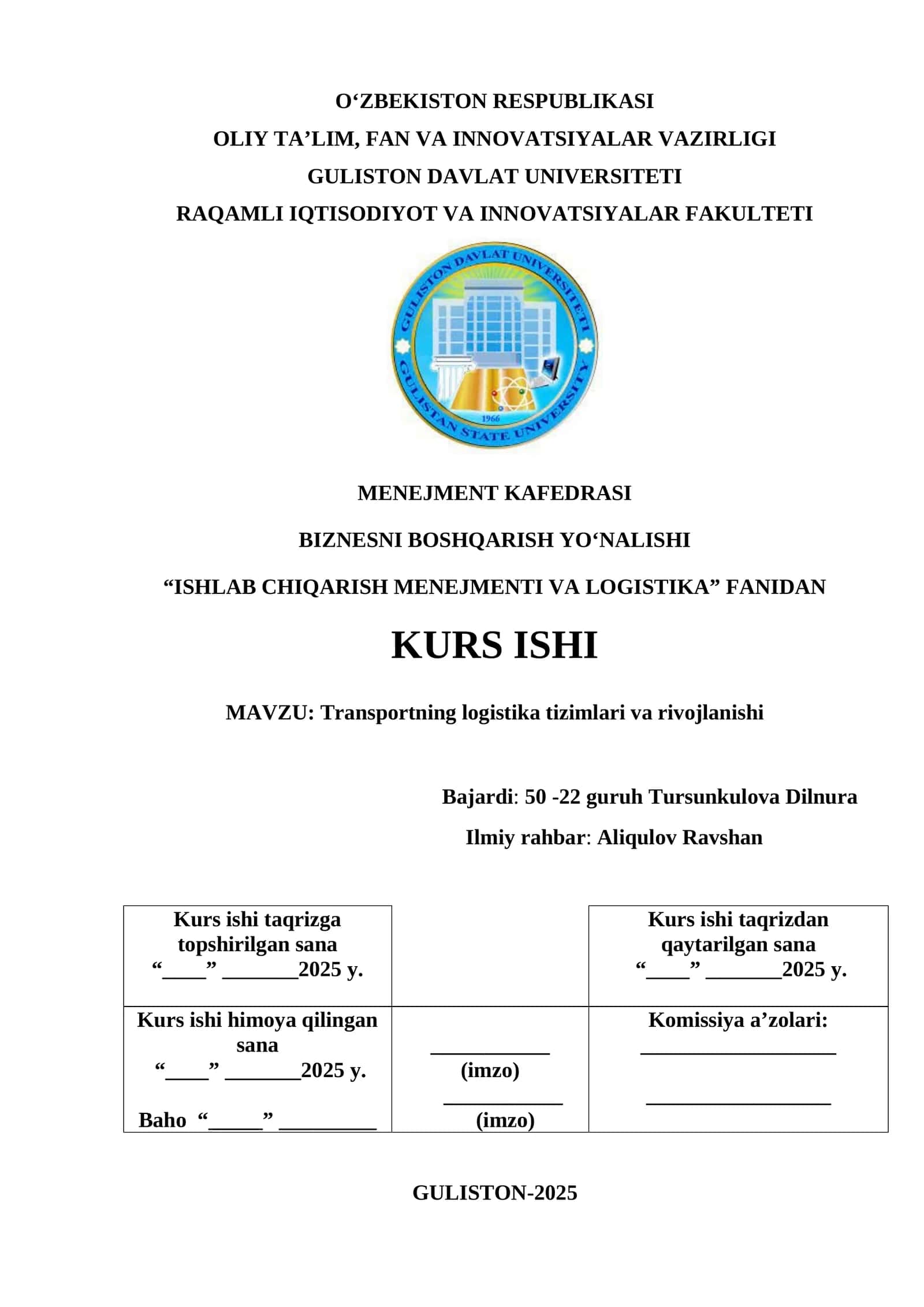 Transportning logistika tizimlari va rivojlanishi