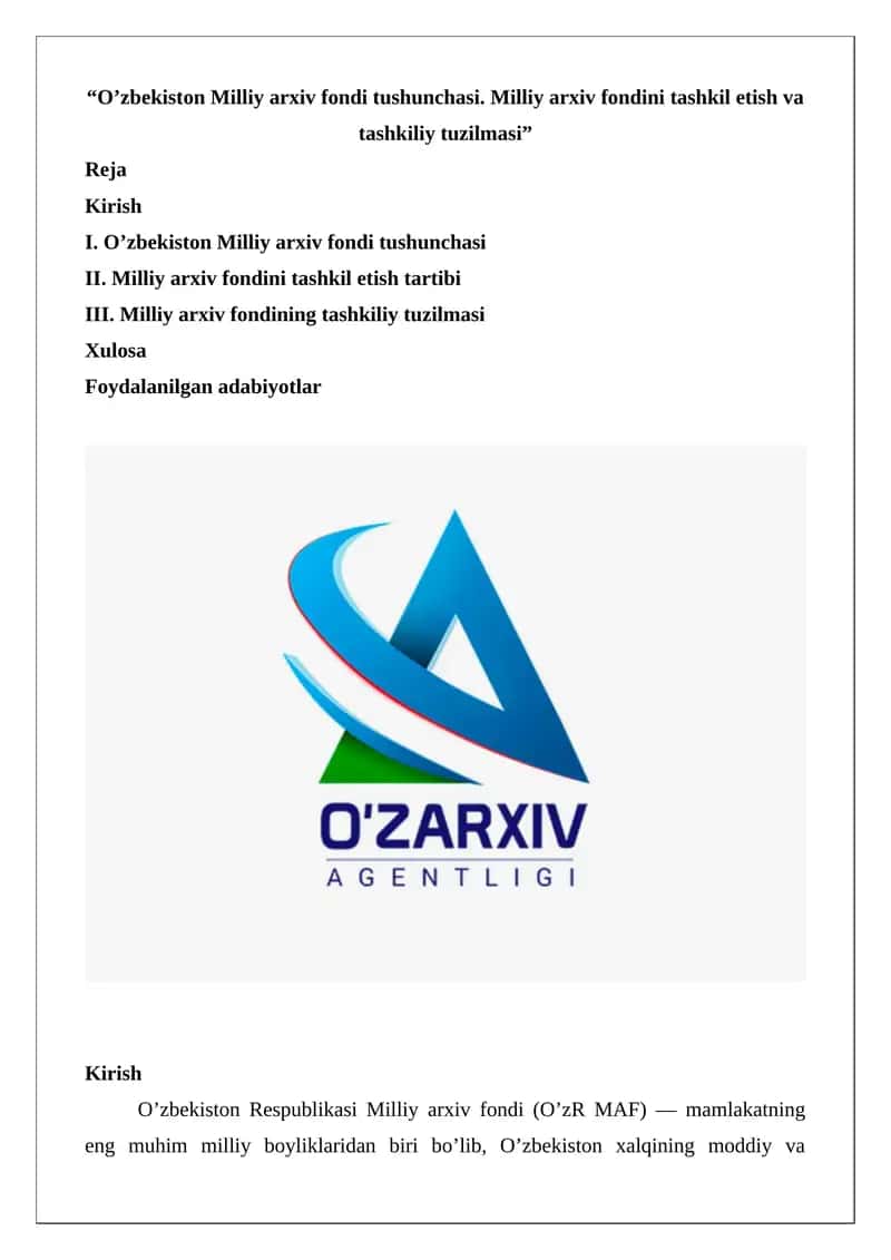 O’zbekiston Milliy arxiv fondi tushunchasi