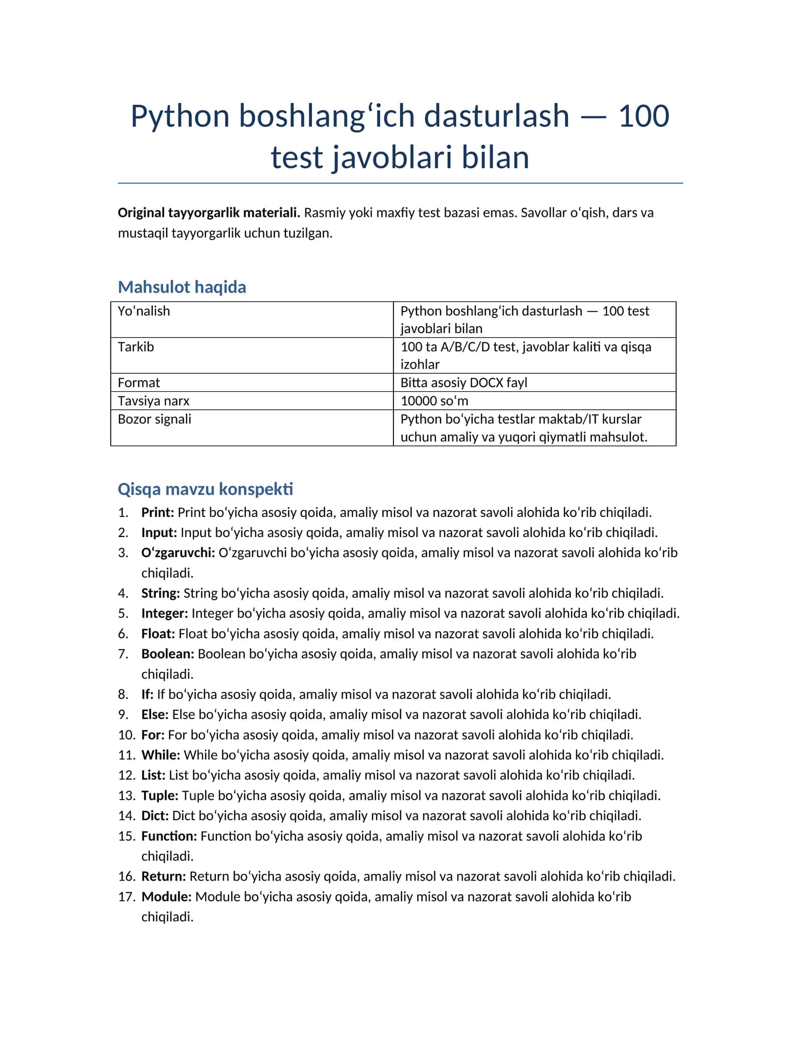 Python boshlang‘ich dasturlash — 100 test javoblari bilan
