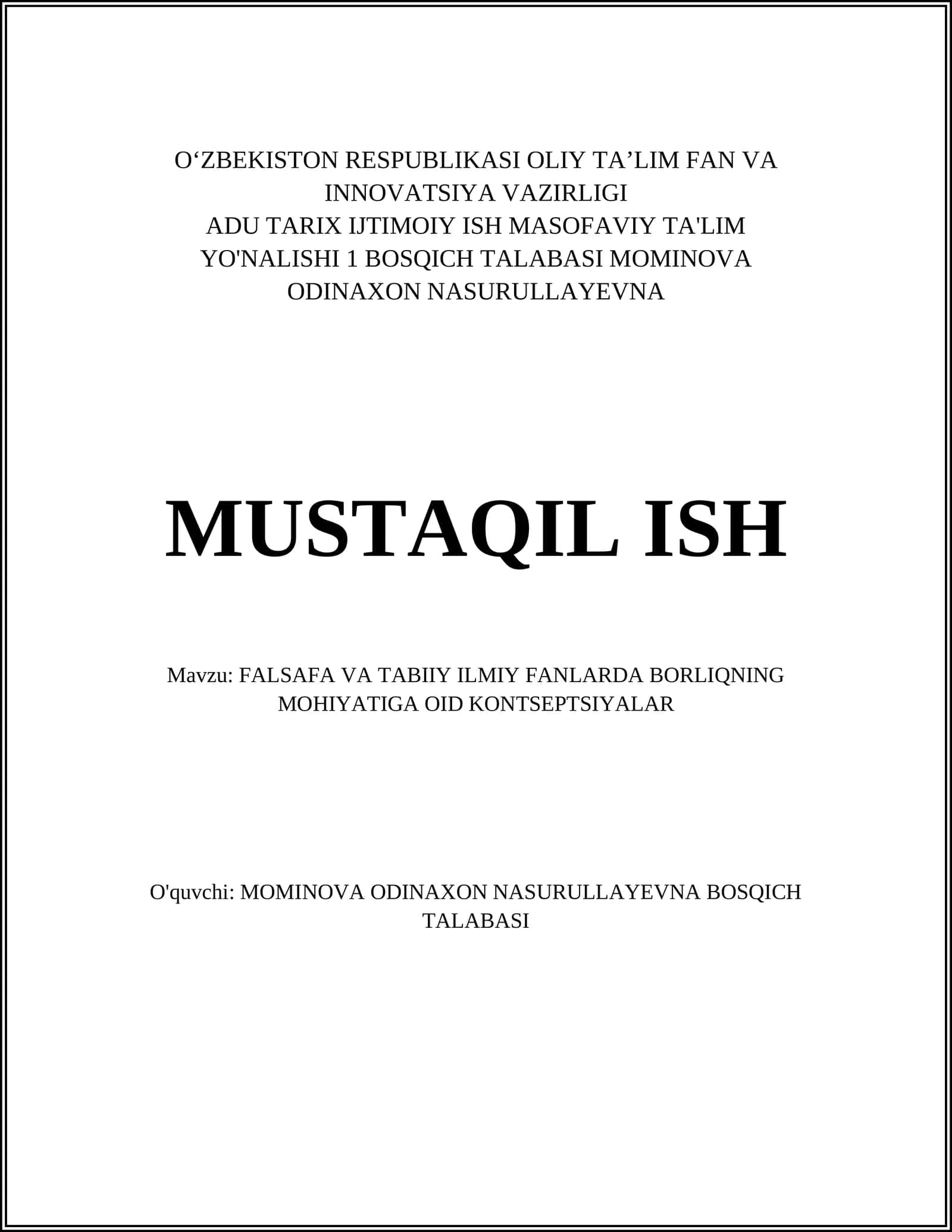 FALSAFA VA TABIIY ILMIY FANLARDA BORLIQNING MOHIYATIGA OID KONTSEPTSIYALAR