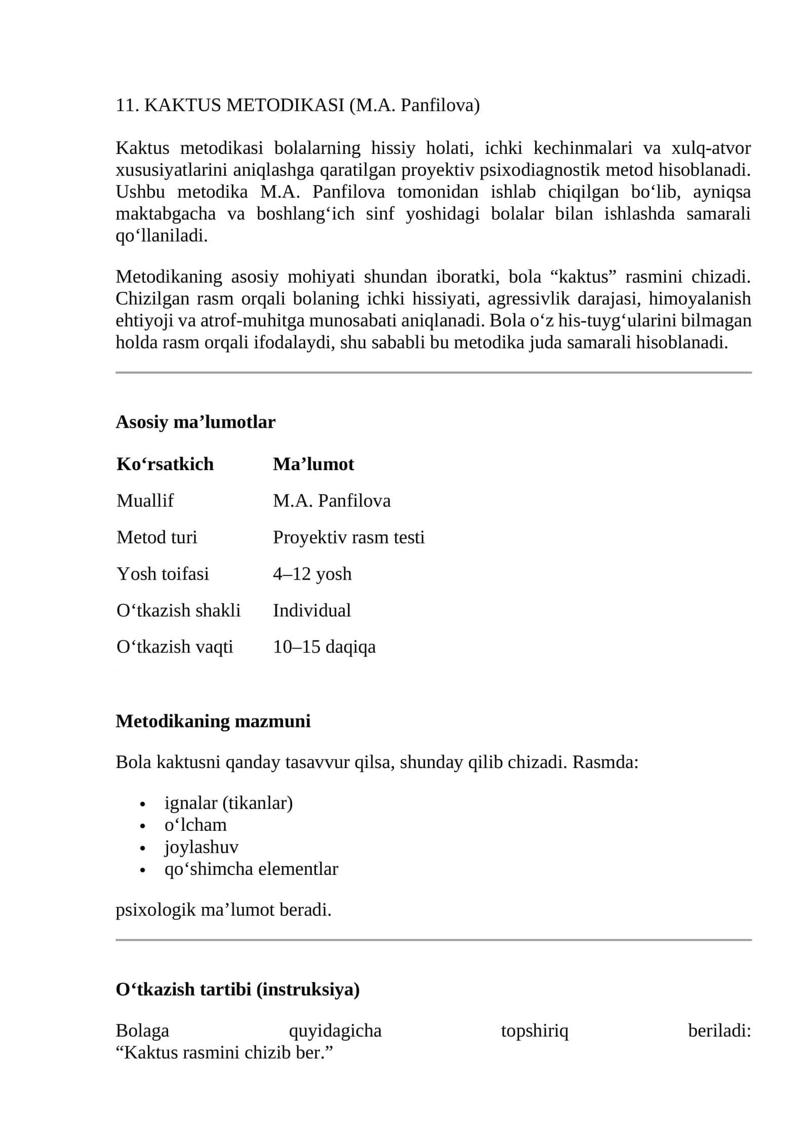 KAKTUS METODIKASI (M.A. Panfilova)