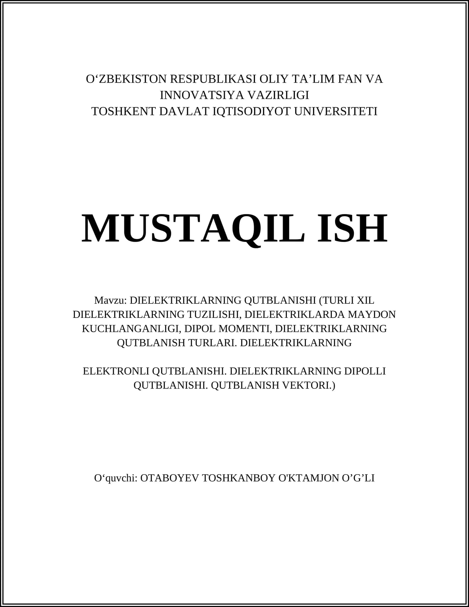 DIELEKTRIKLARNING QUTBLANISHI