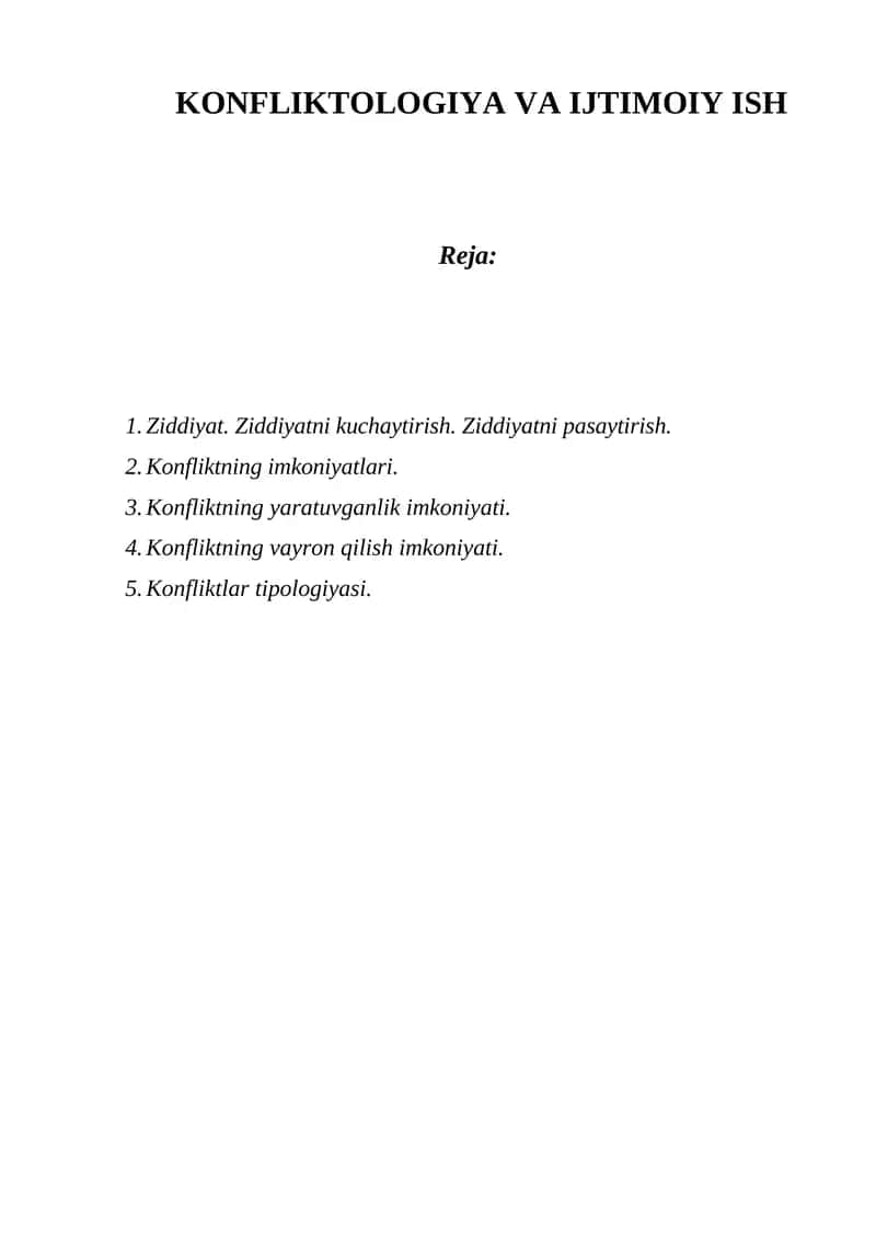 KONFLIKTOLOGIYA VA IJTIMOIY ISH