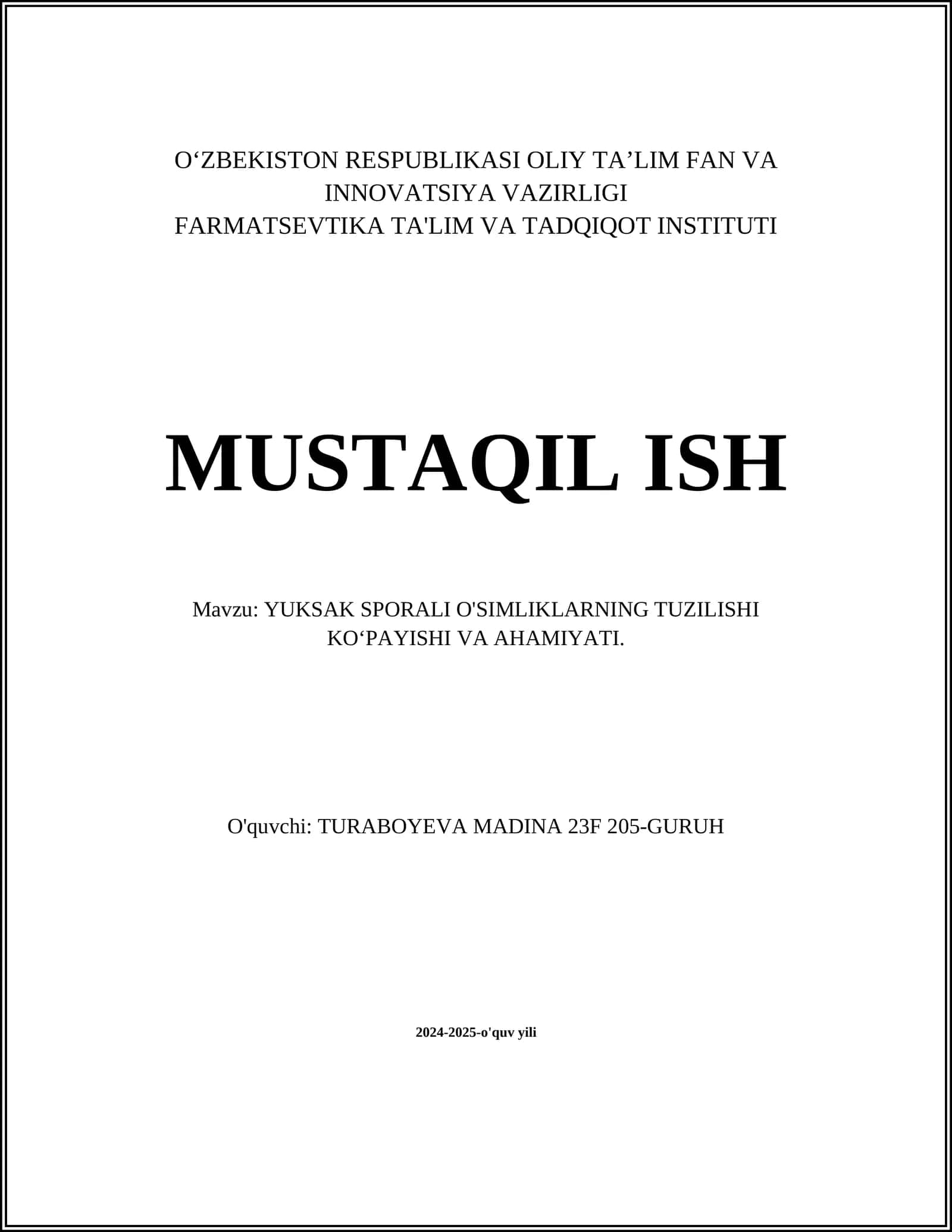 YUKSAK SPORALI O'SIMLIKLARNING TUZILISHI KO‘PAYISHI VA AHAMIYATI
