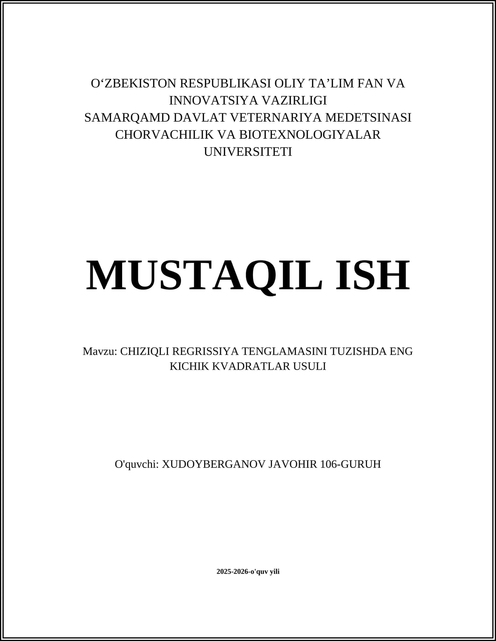 CHIZIQLI REGRISSIYA TENGLAMASINI TUZISHDA ENG KICHIK KVADRATLAR USULI