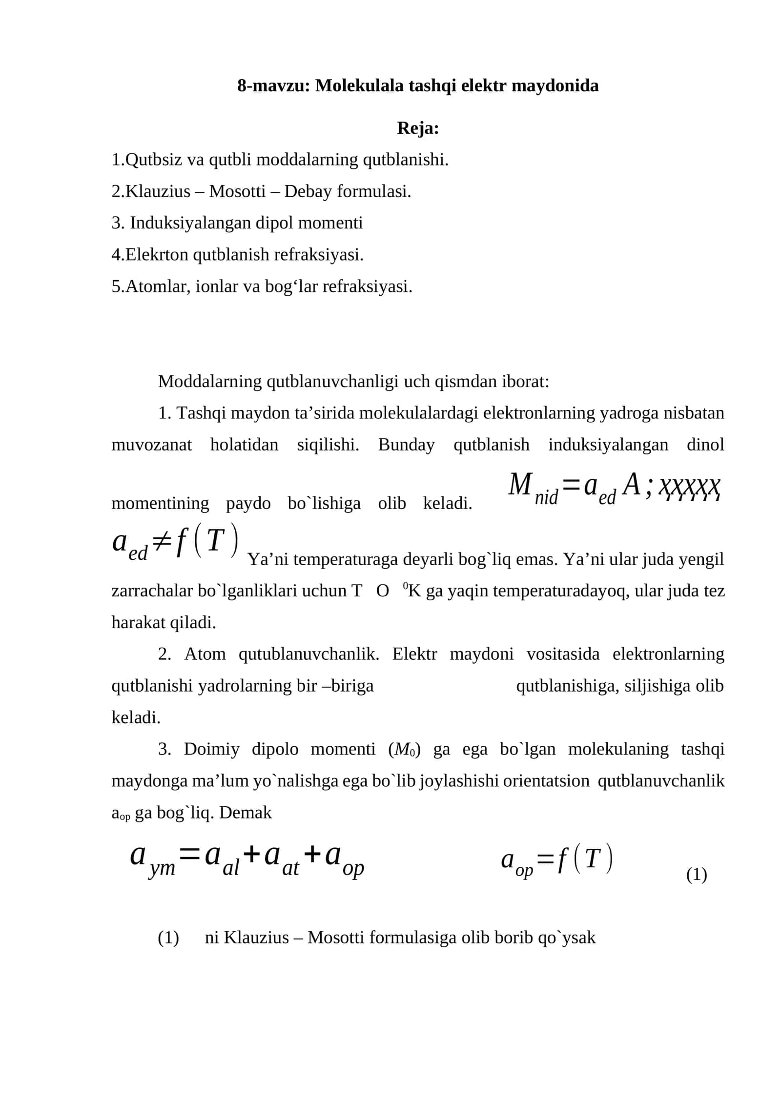 Molekulala tashqi elektr maydonida