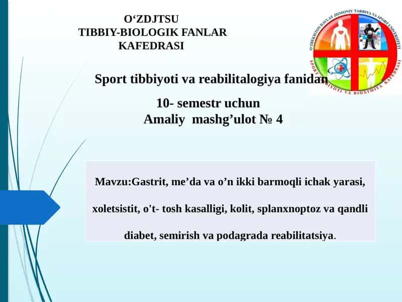Sport Tibbiyoti va Reabilitalogiya Fanidan 10-Semestr Uchun Amaliy Mashg'ulot