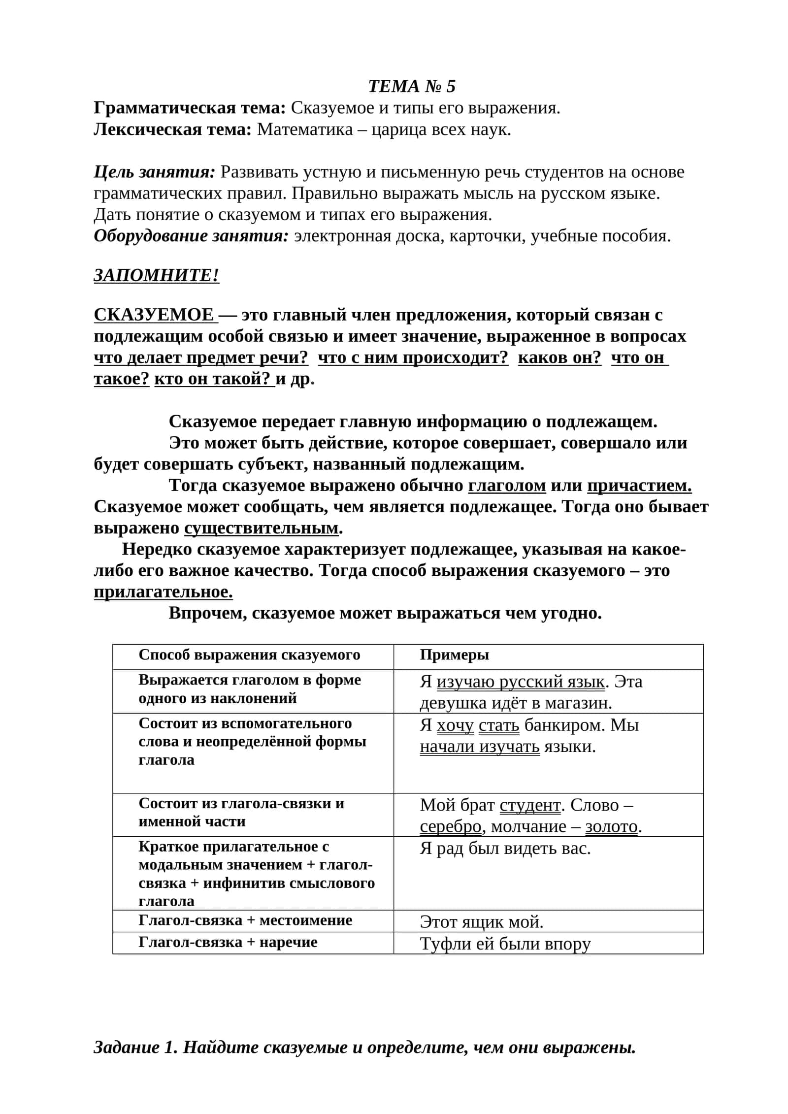 Сказуемое и типы его выражения. Математика – царица всех наук