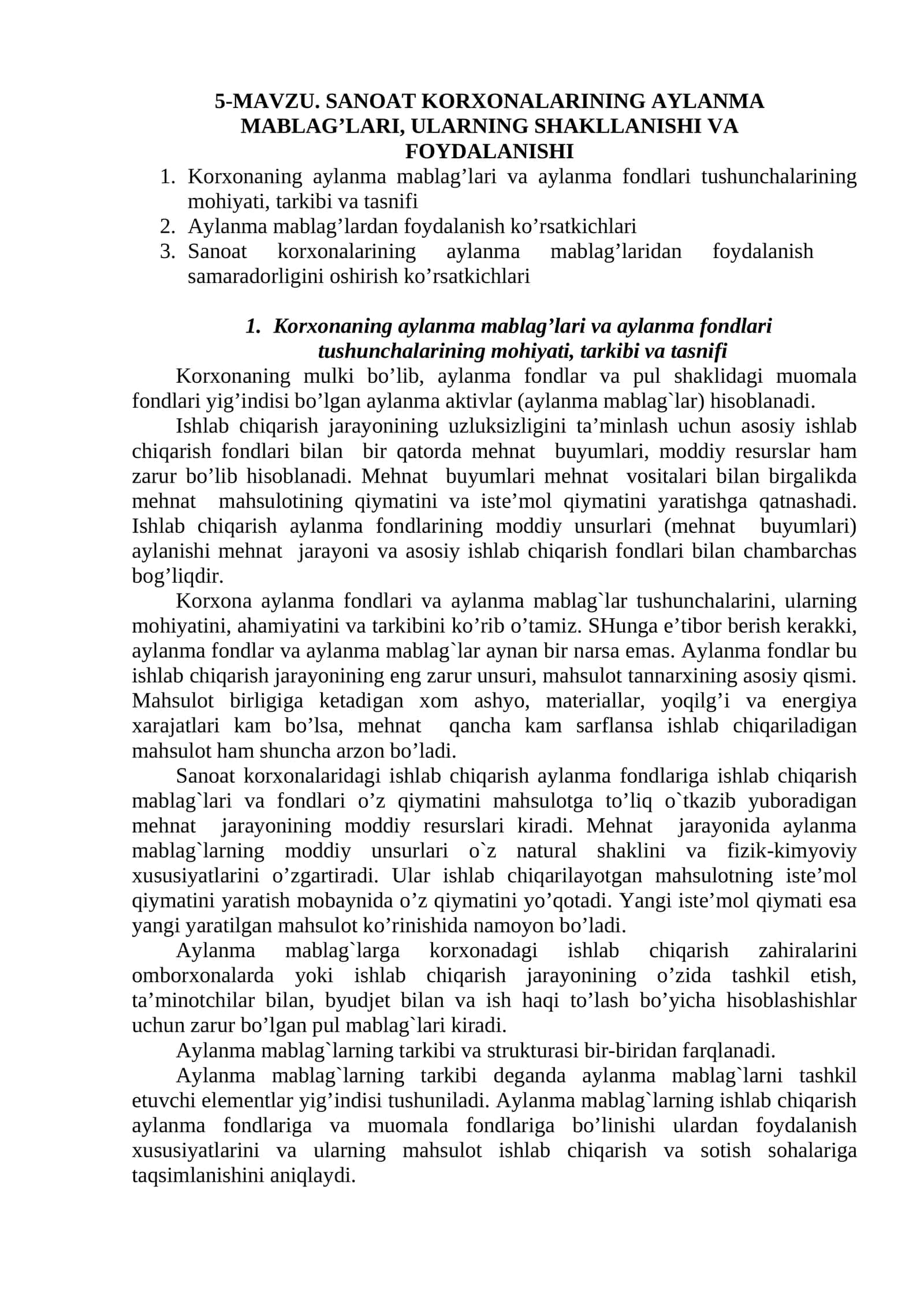 SANOAT KORXONALARINING AYLANMA MABLAG’LARI, ULARNING SHAKLLANISHI VA FOYDALANISHI