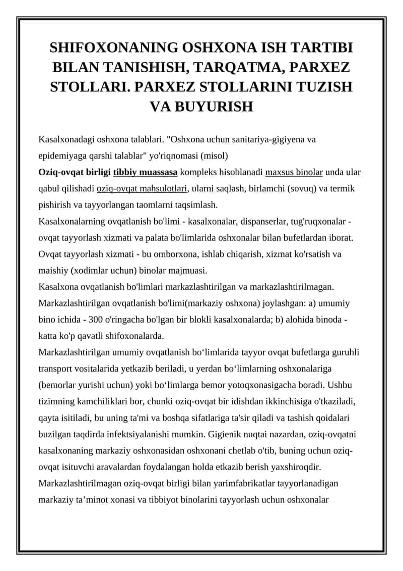 Oshxona ish tartibi