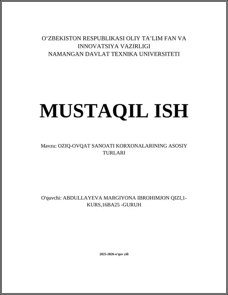 OZIQ-OVQAT SANOATI KORXONALARINING ASOSIY TURLARI