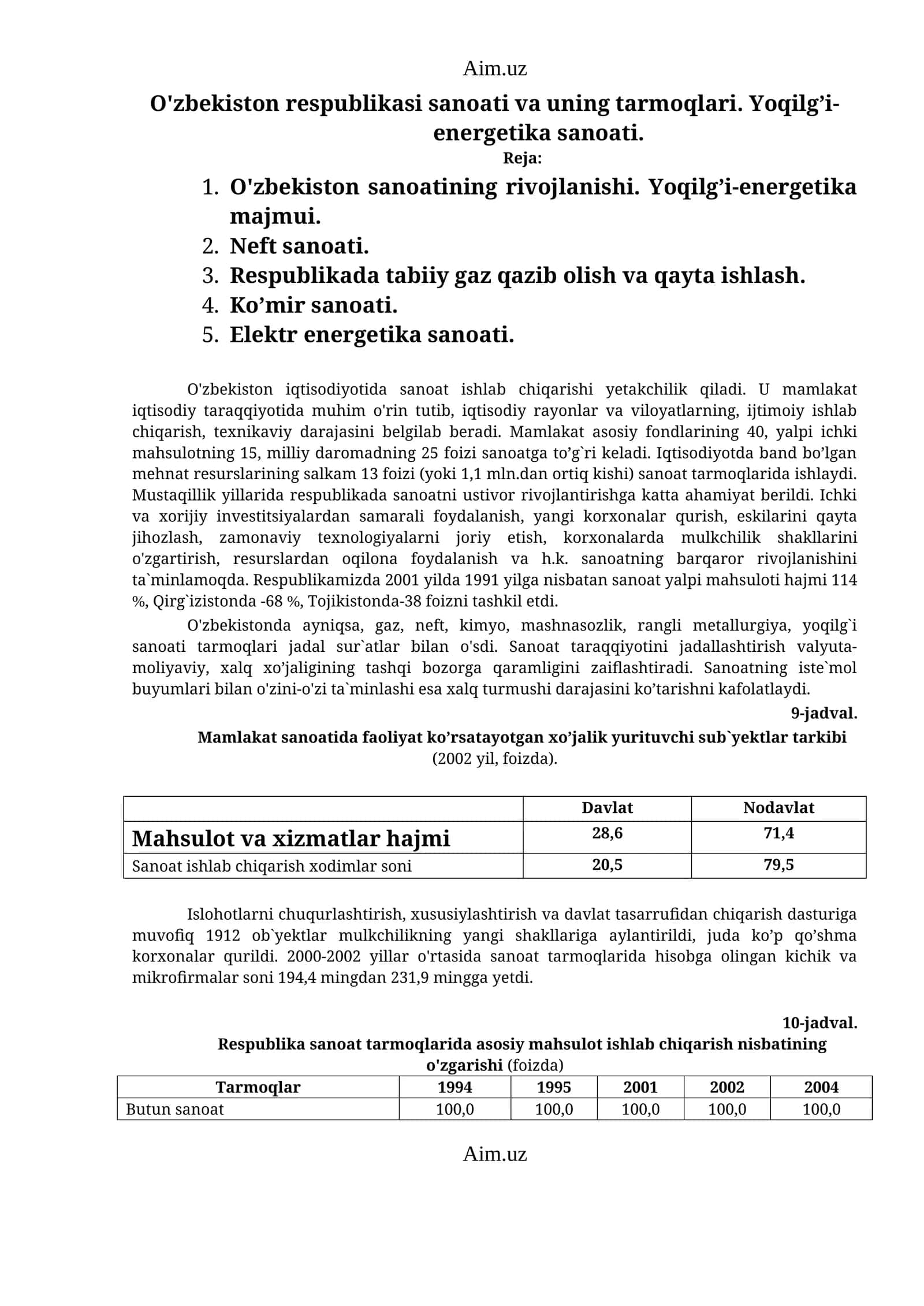 O'zbekiston sanoati va uning tarmoqlari