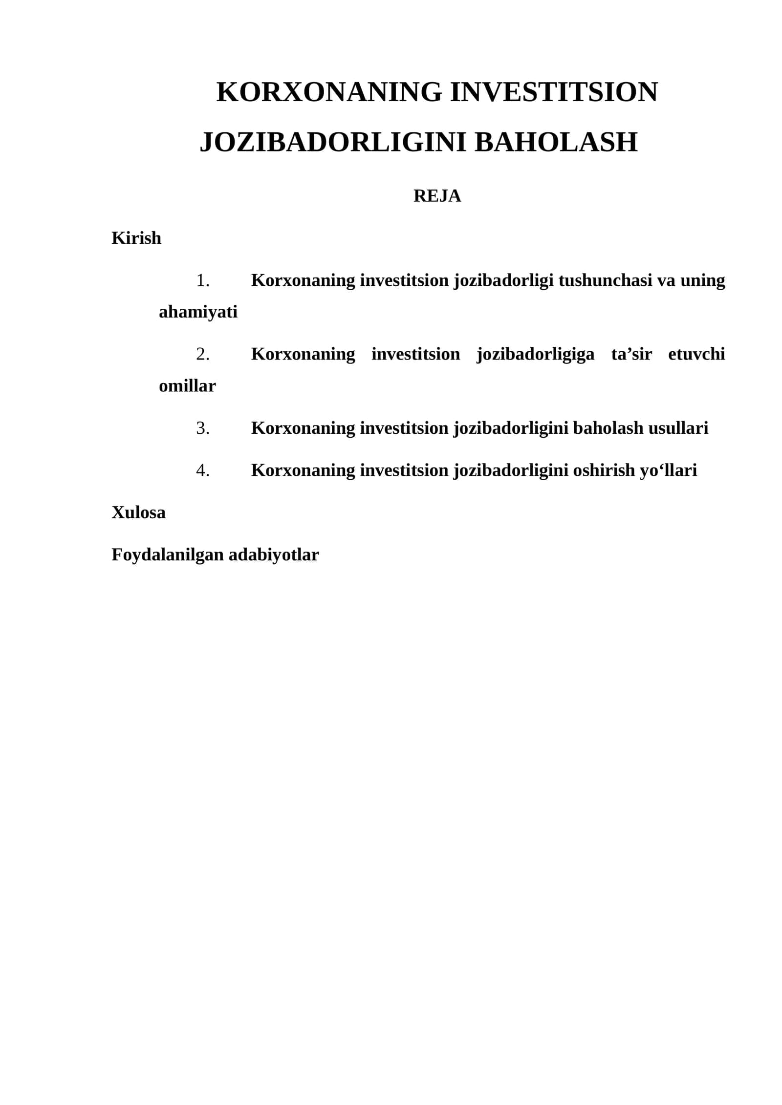 Korxonaning Investitsion Jozibadorligini Baholash