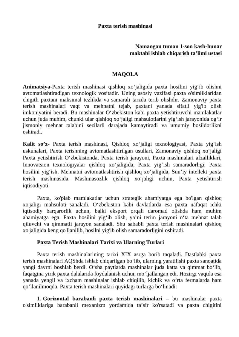 Paxta terish mashinasi