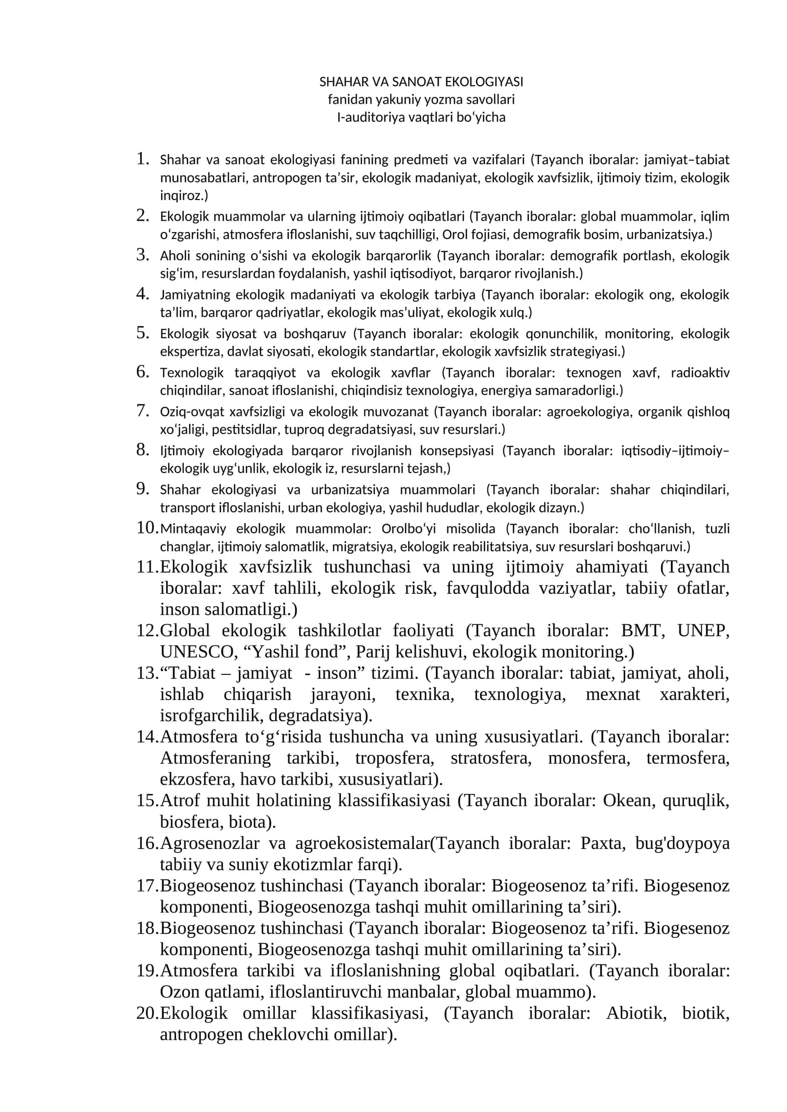 SHAHAR VA SANOAT EKOLOGIYASI
