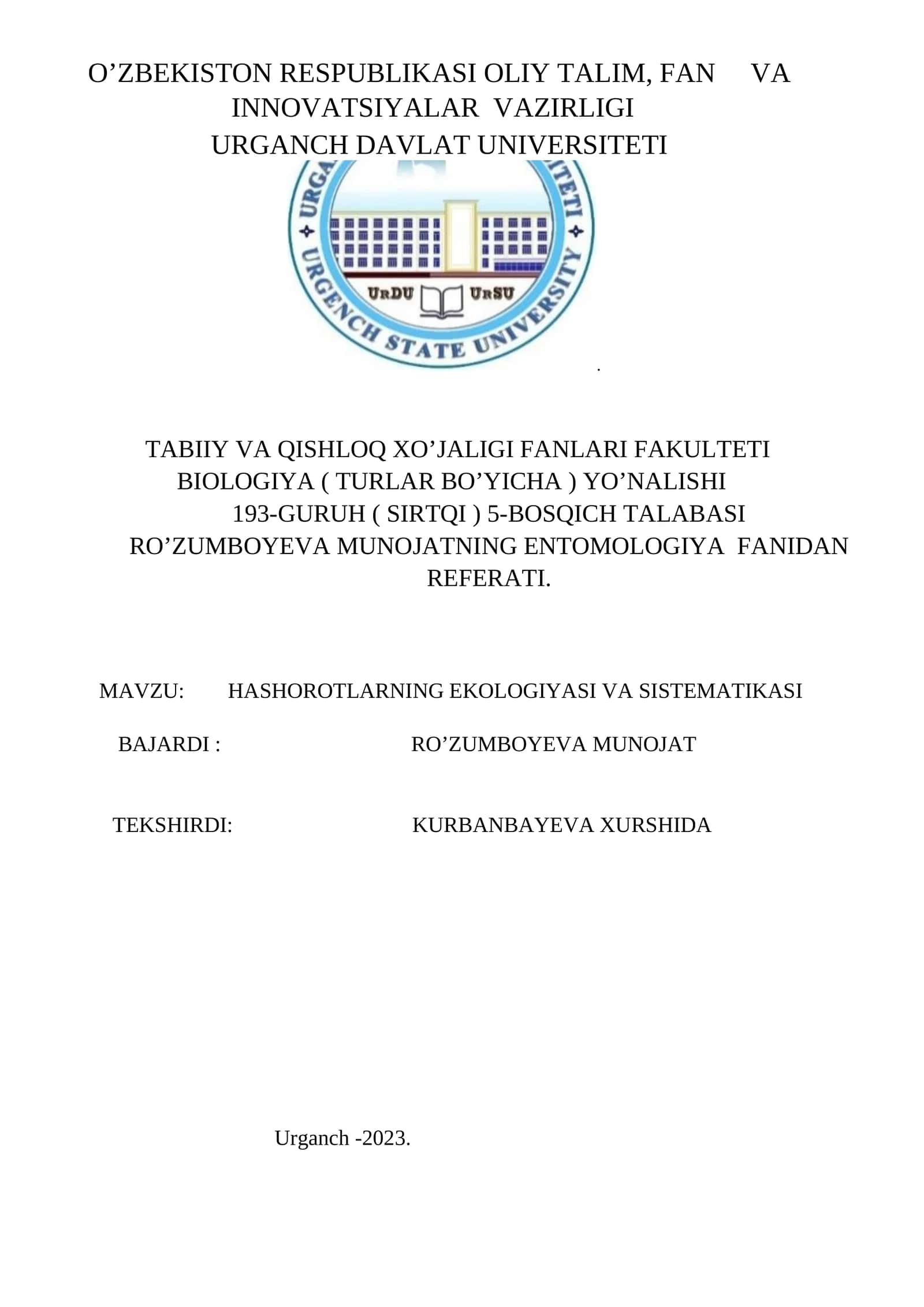 Hasharotlarning ekologiyasi va sistematikasi