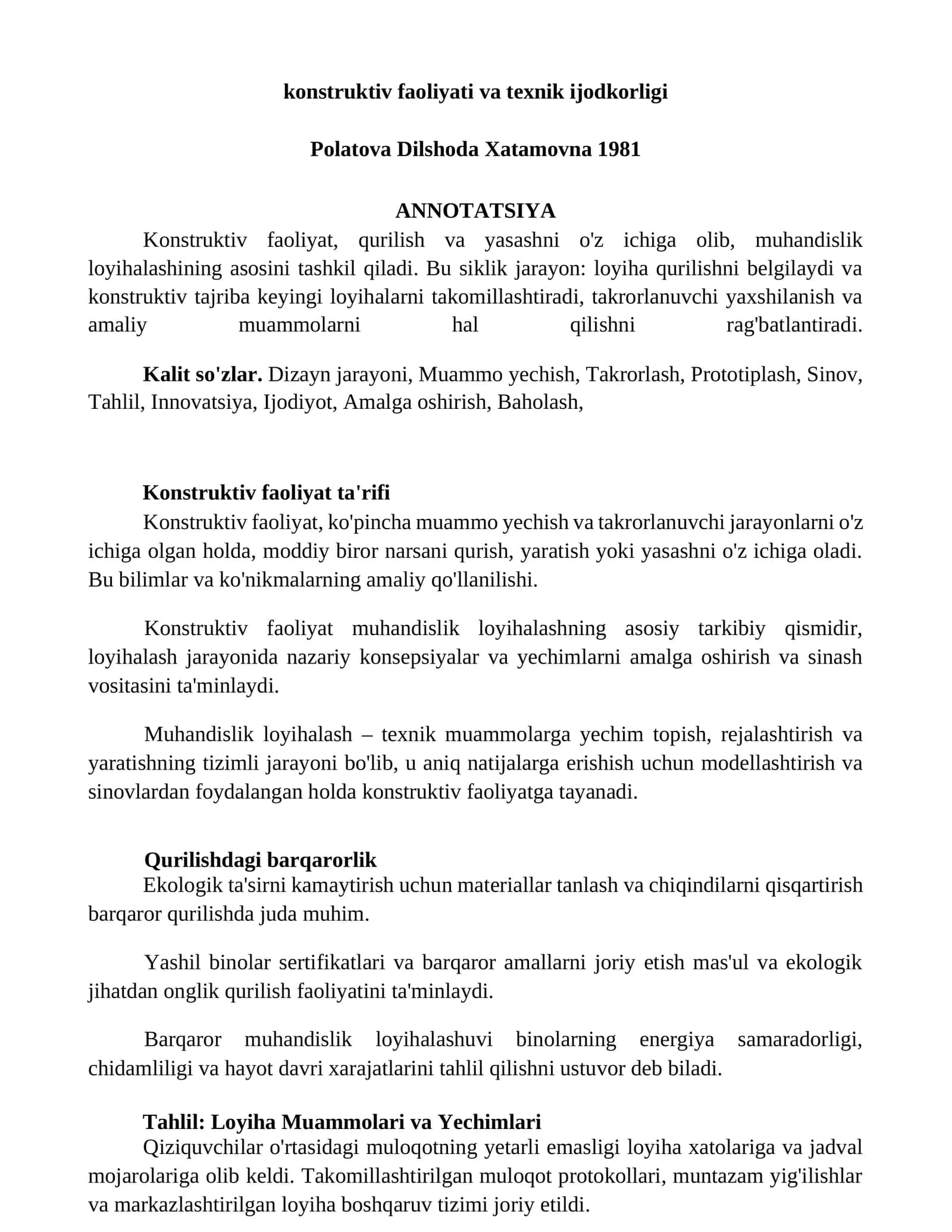 Konstruktiv faoliyat vа texnik ijоdkоrligi