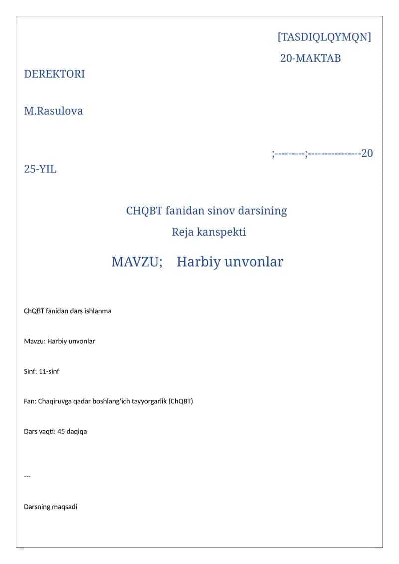 CHQBT fanidan sinov darsining Reja kanspekti