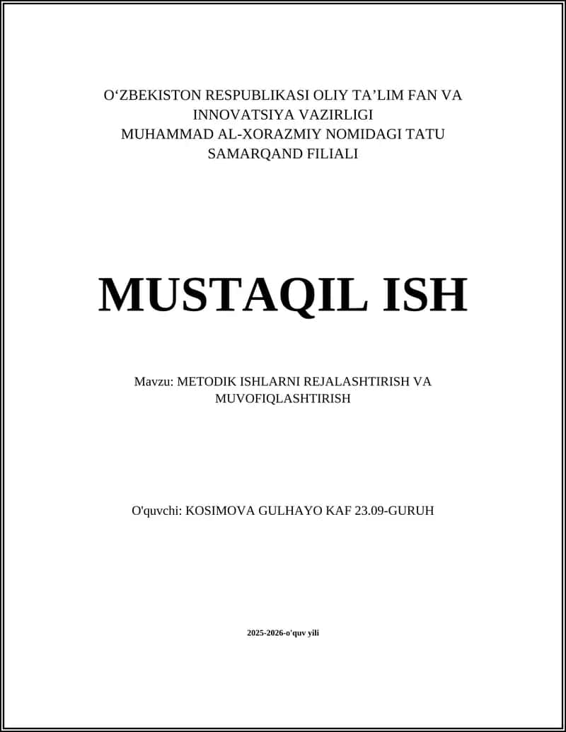 METODIK ISHLARNI REJALASHTIRISH VA MUVOFIQLASHTIRISH