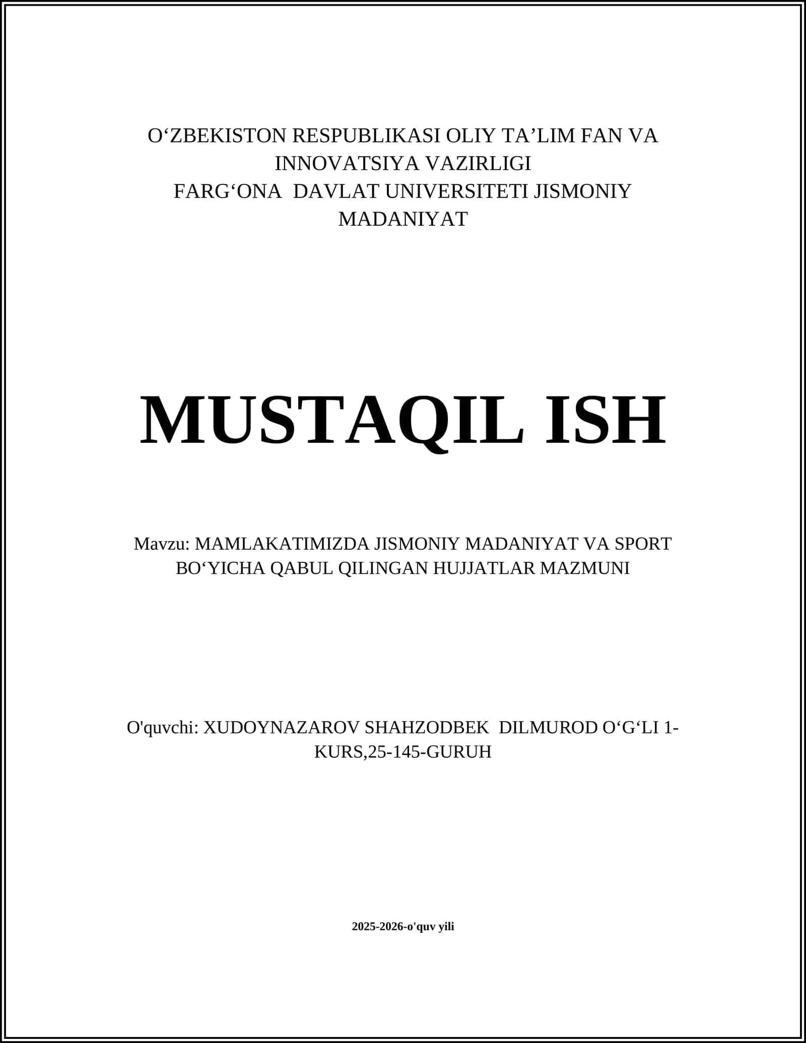 Mamlakatimizda Jismoniy Madaniyat va Sport Boʻyicha Qabul Qilingan Hujjatlar Mazmuni