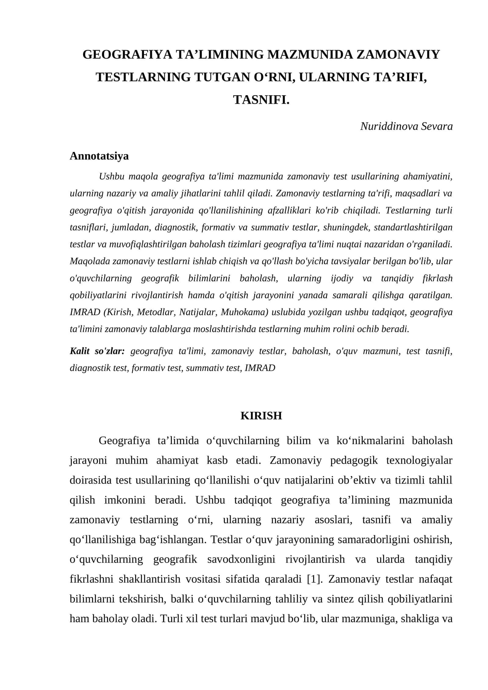 GEOGRAFIYA TA’LIMINING MAZMUNIDA ZAMONAVIY TESTLARNING TUTGAN O‘RNI, ULARNING TA’RIFI, TASNIFI