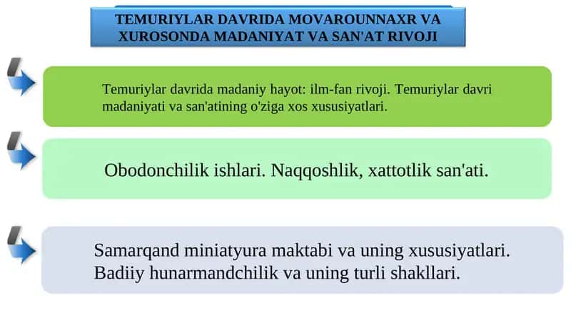 TEMURIYLAR DAVRIDA MOVAROUNNAXR VA XUROSONDA MADANIYAT VA SAN'AT RIVOJI