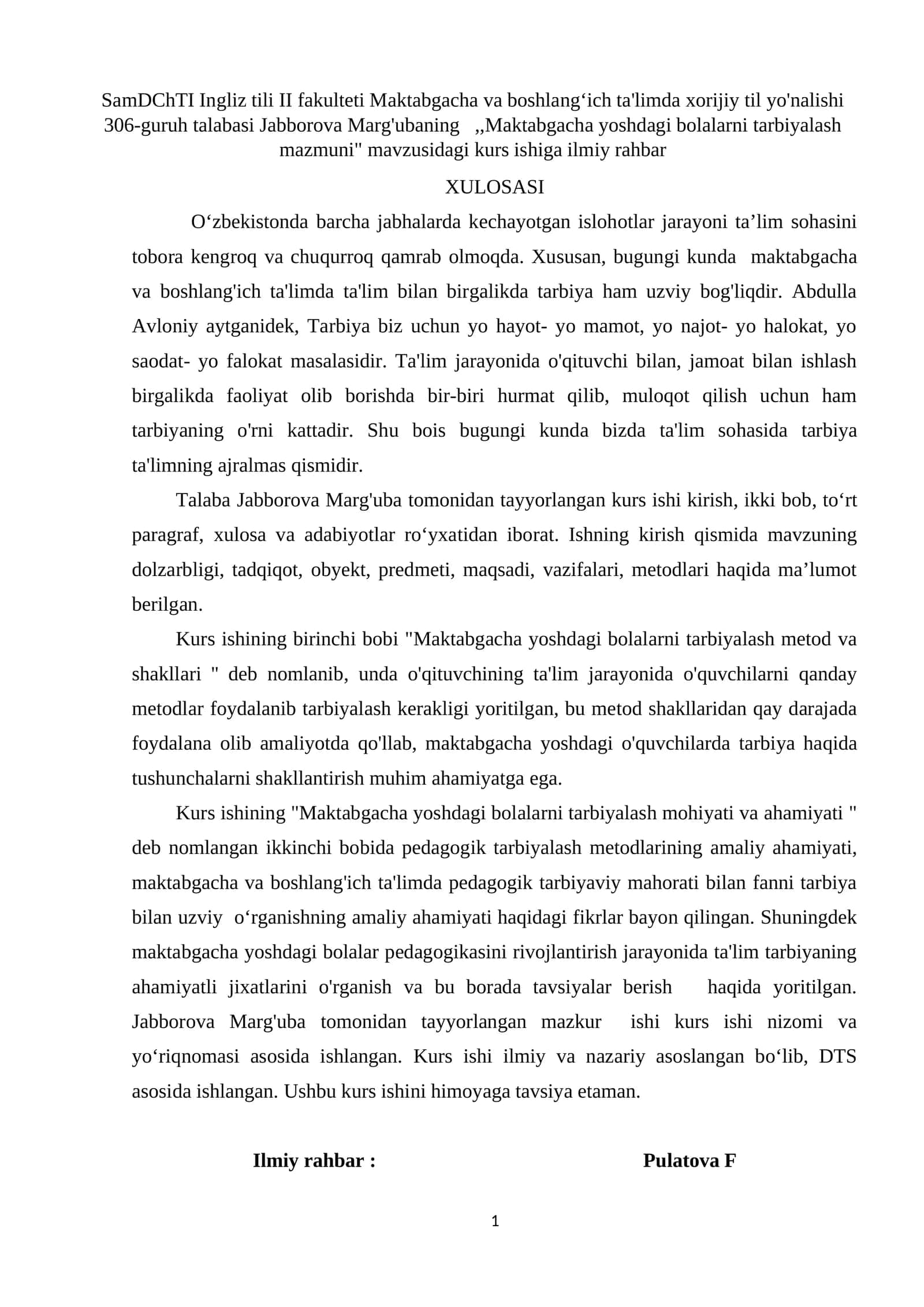 "Maktabgacha yoshdagi bolalarni tarbiyalash mazmuni" kurs ishi