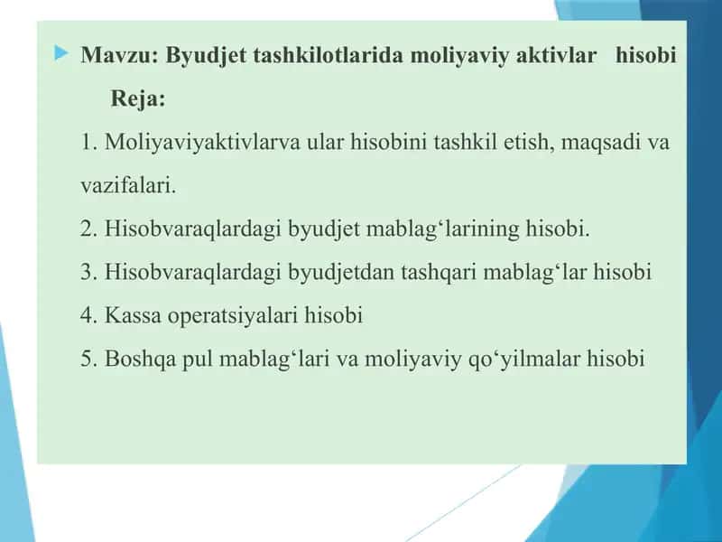 Byudjet tashkilotlarida moliyaviy aktivlar   hisobi