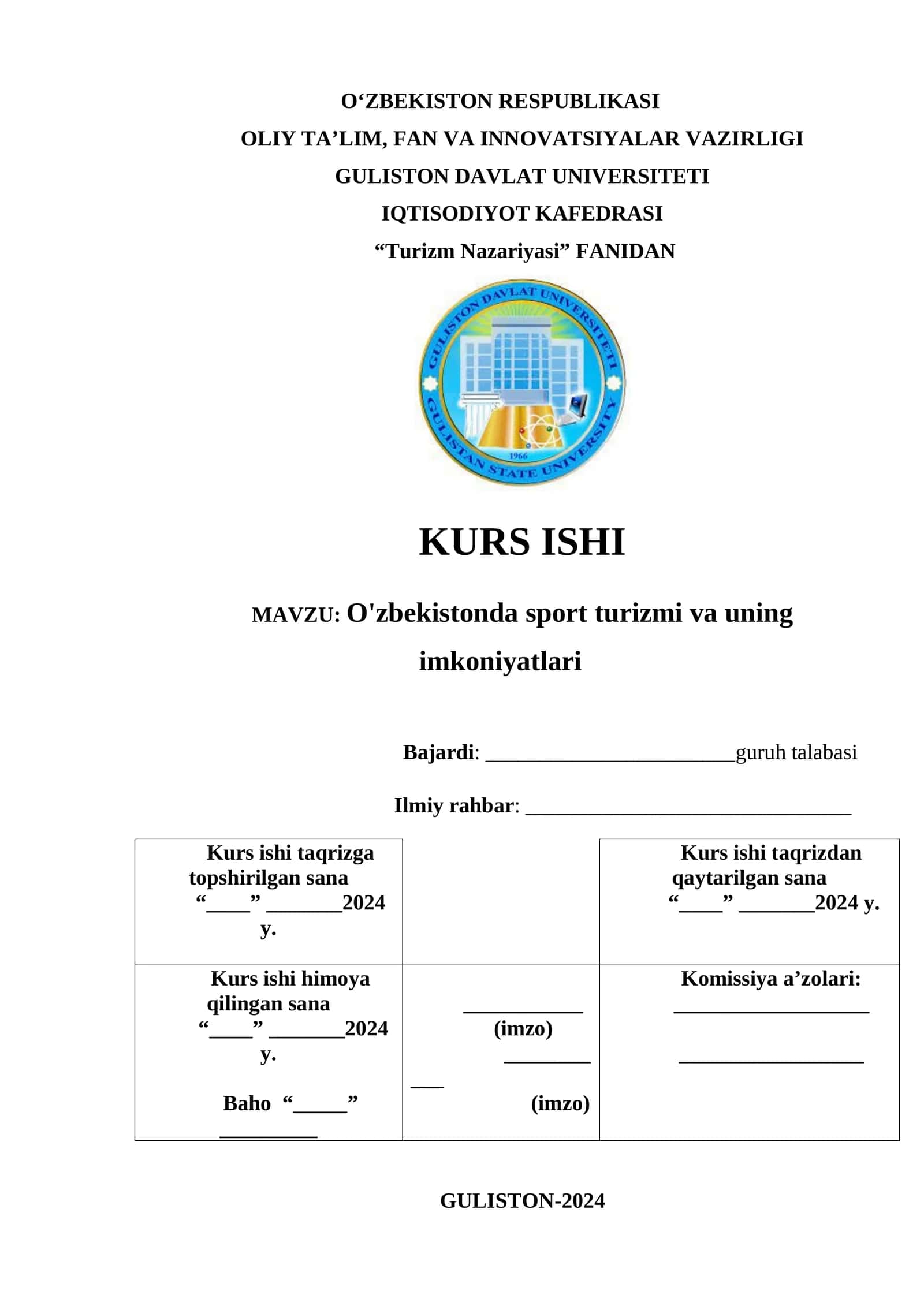 Turizm Nazariyasi Kurs Ishi