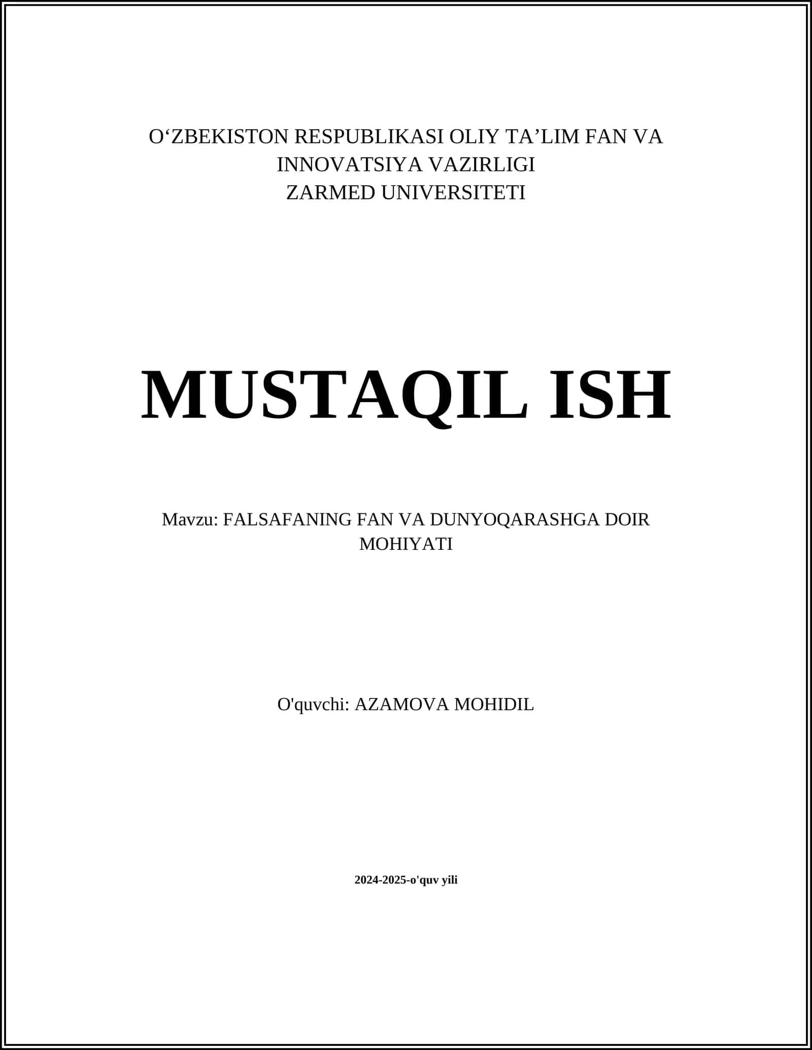 FALSAFANING FAN VA DUNYOQARASHGA DOIR MOHIYATI