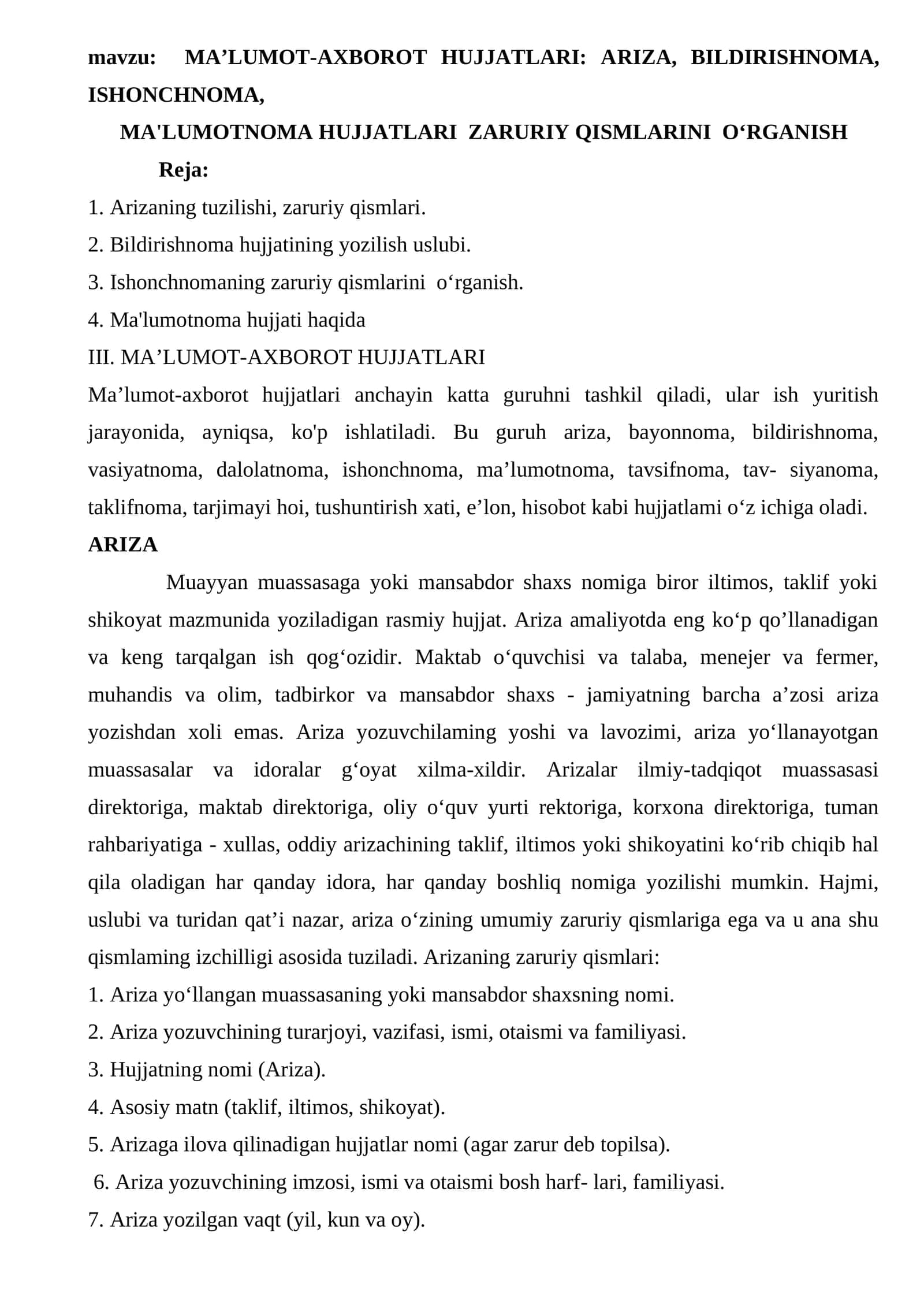 MA’LUMOT AXBOROT HUJJATLARI: ARIZA, BILDIRISHNOMA, ISHONCHNOMA,MA'LUMOTNOMA HUJJATLARI ZARURIY QISMLARINI O‘RGANISH
