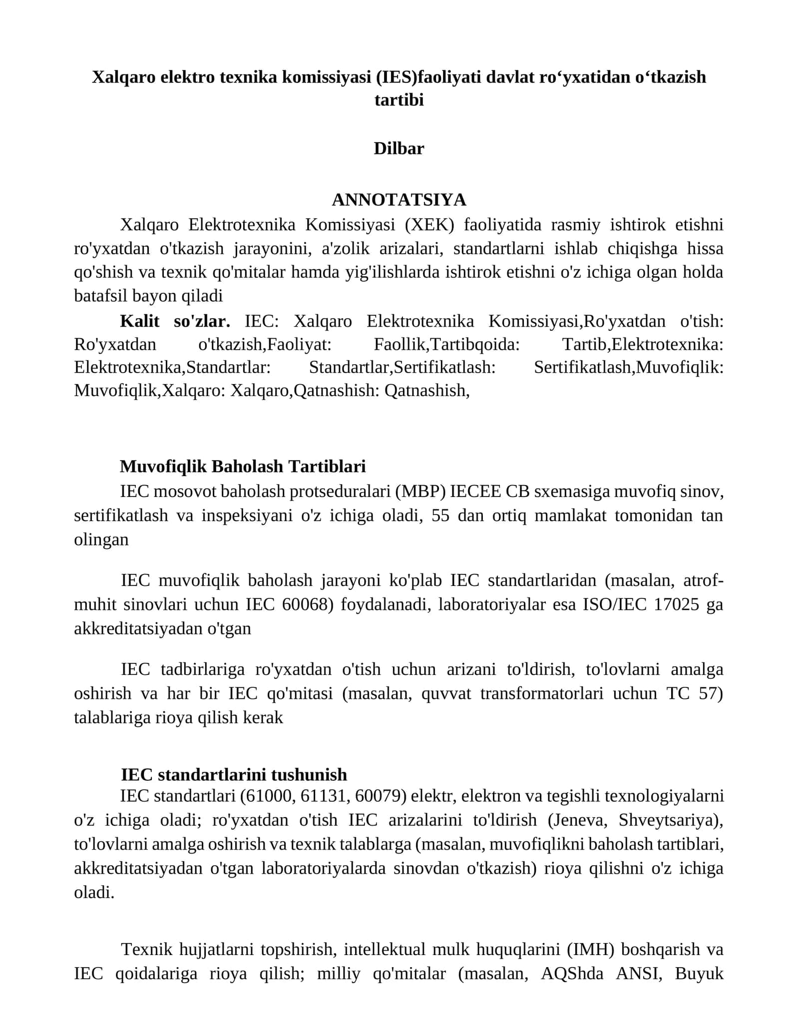 Xalqaro elektro texnika komissiyasi (IES)faoliyati davlat ro‘yxatidan o‘tkazish tartibi