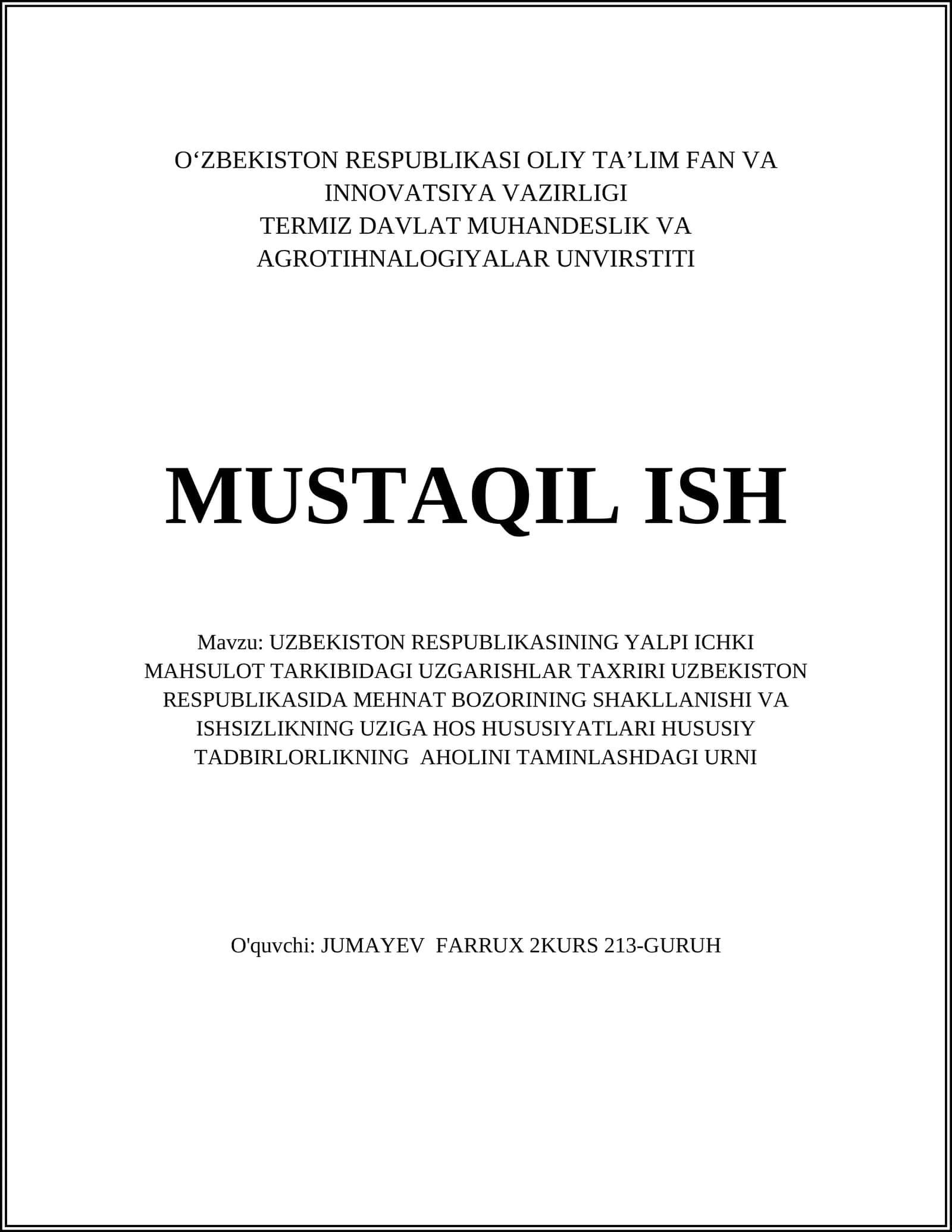 O‘zbekiston Respublikasi yalpi ichki mahsulot tarkibidagi o‘zgarishlar