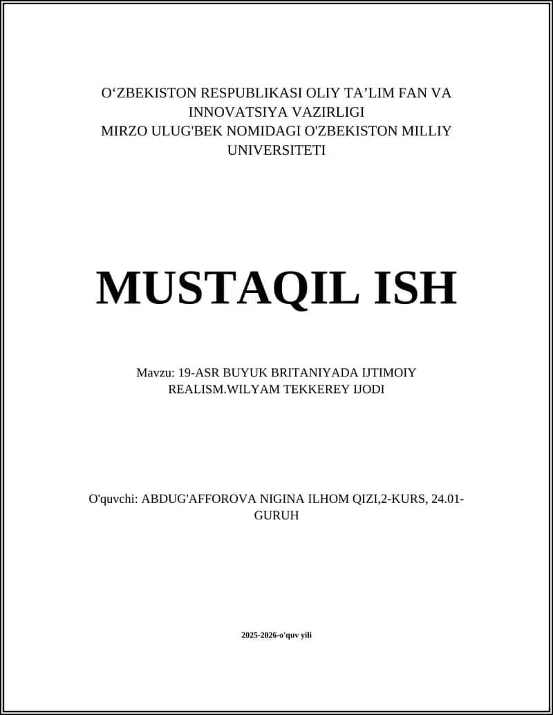 19-ASR BUYUK BRITANIYADA IJTIMOIY REALISM.WILYAM TEKKEREY IJODI