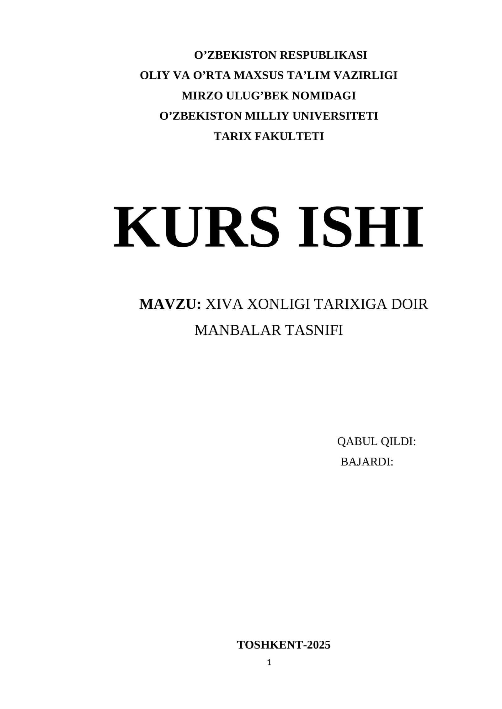 XIVA XONLIGI TARIXIGA DOIR MANBALAR TASNIFI