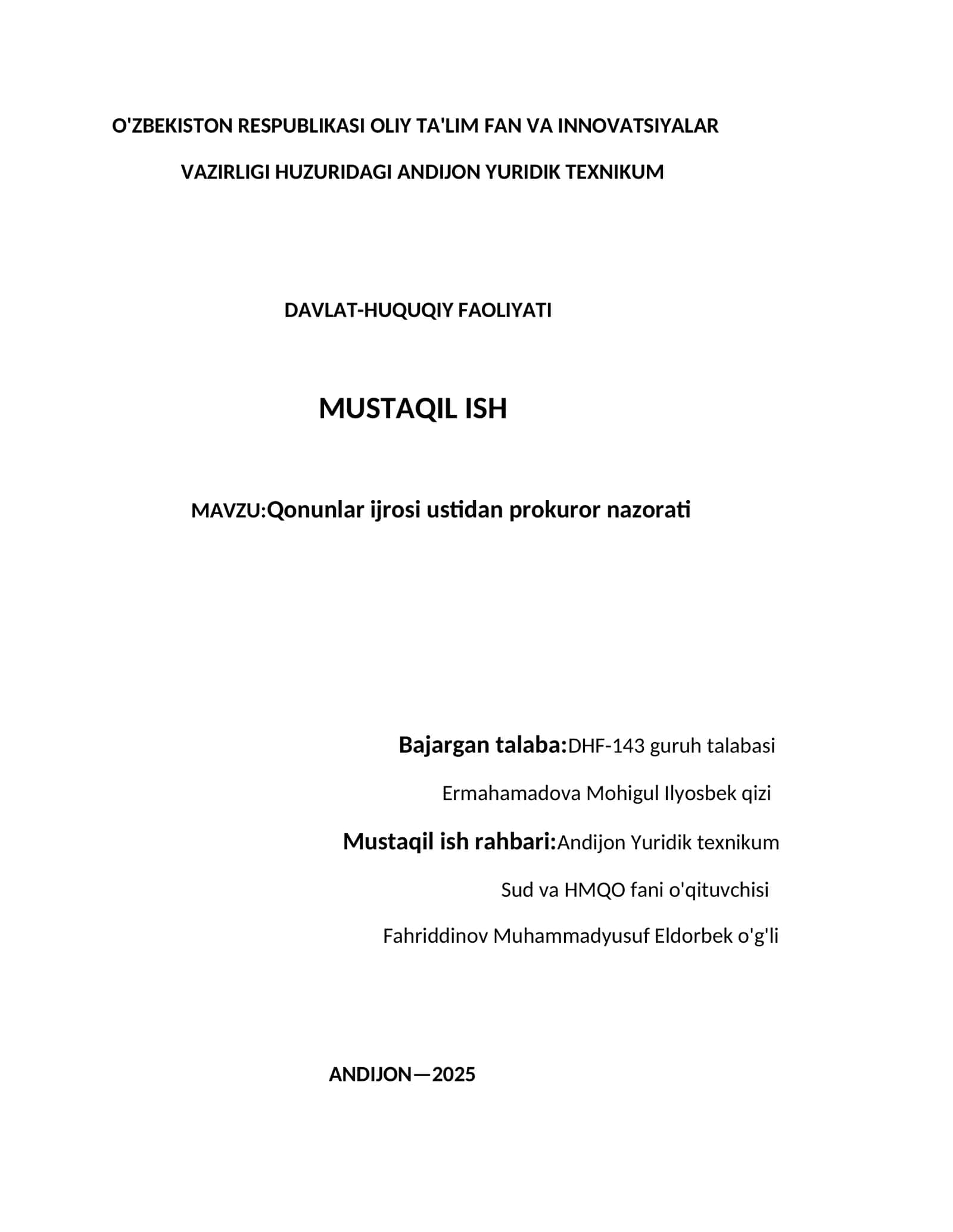 Qonunlar ijrosi ustidan prokuror nazorati