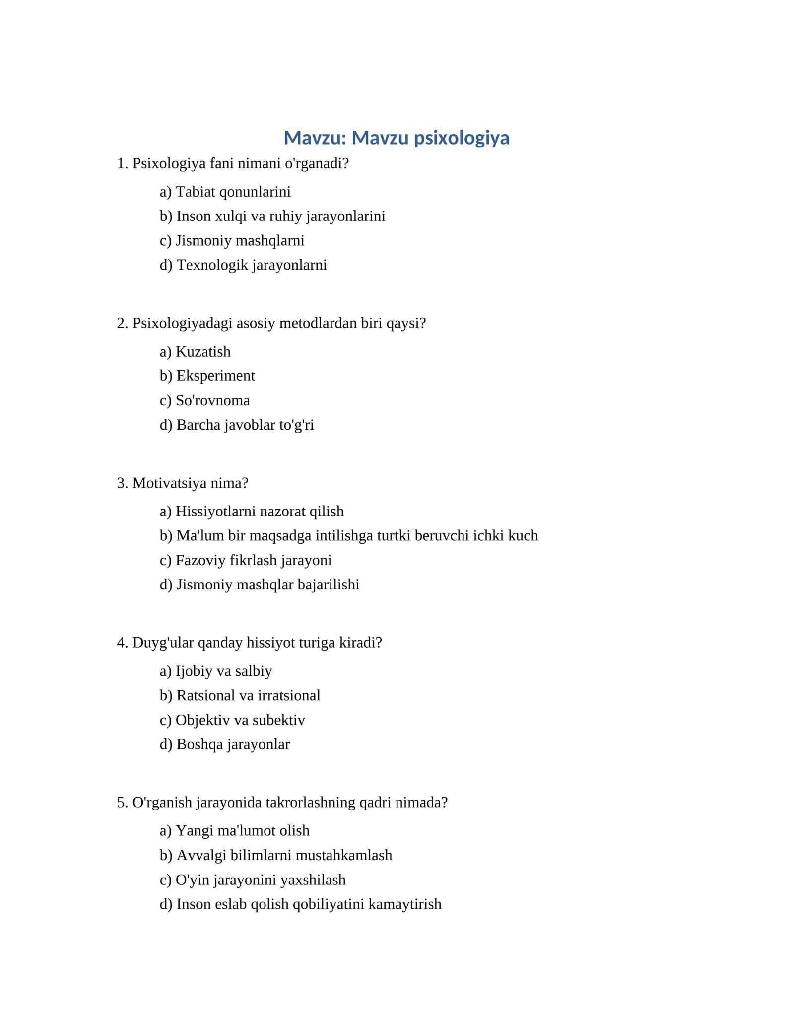 Psixologiya Test Savollari
