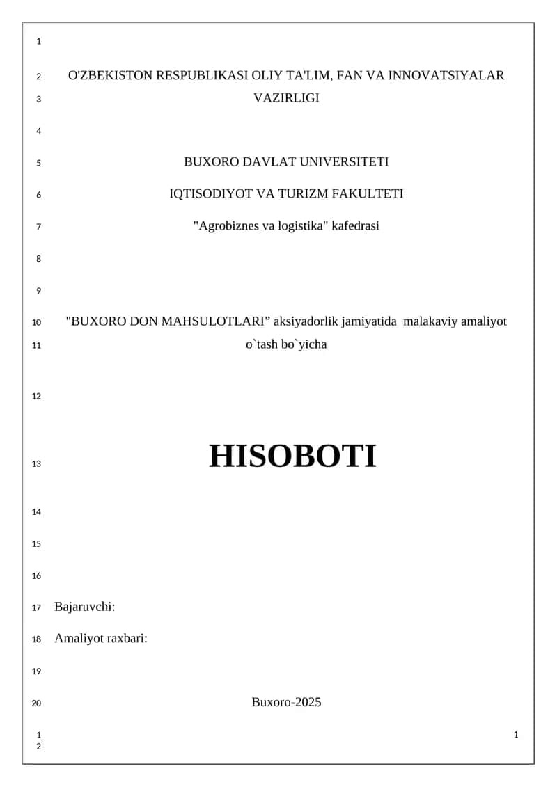 "Buxoro Don Mahsulotlari" Aksiyadorlik Jamiyatida Malakaviy Amaliyot O'tash Bo'yicha Hisoboti