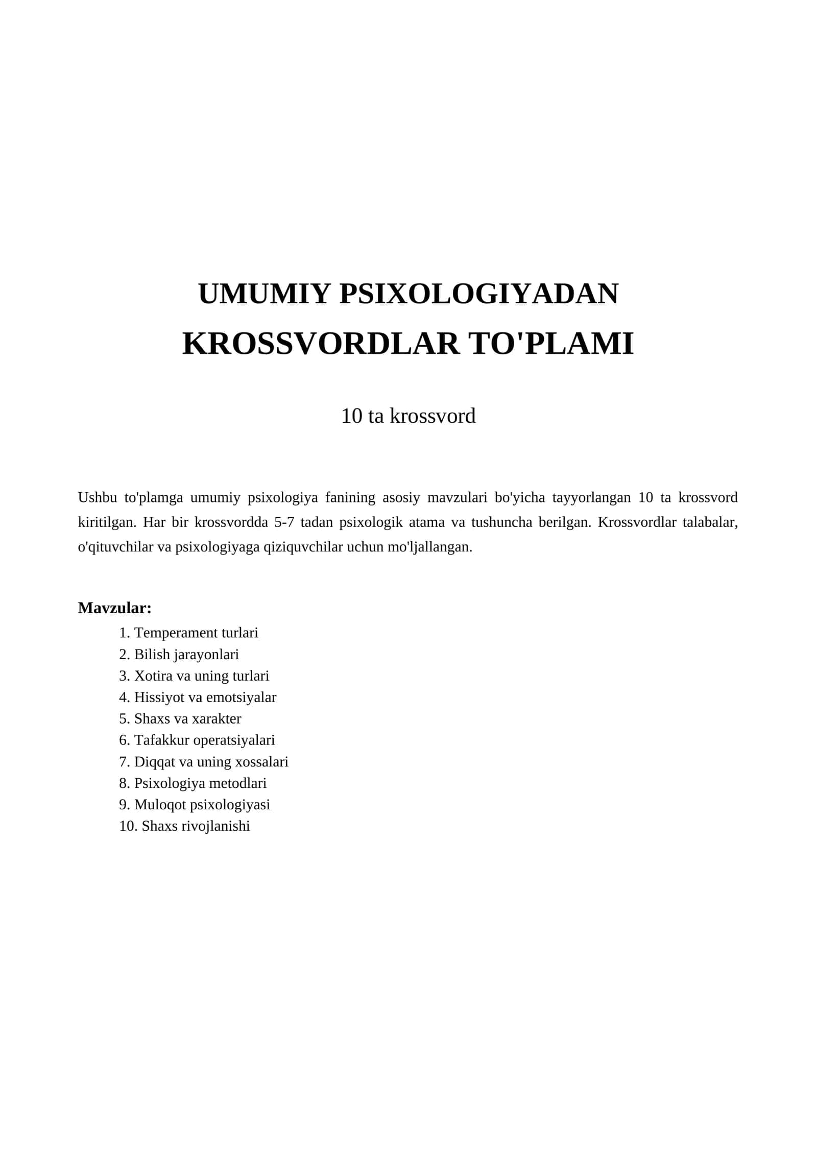 UMUMIY PSIXOLOGIYADAN KROSSVORDLAR TO'PLAMI