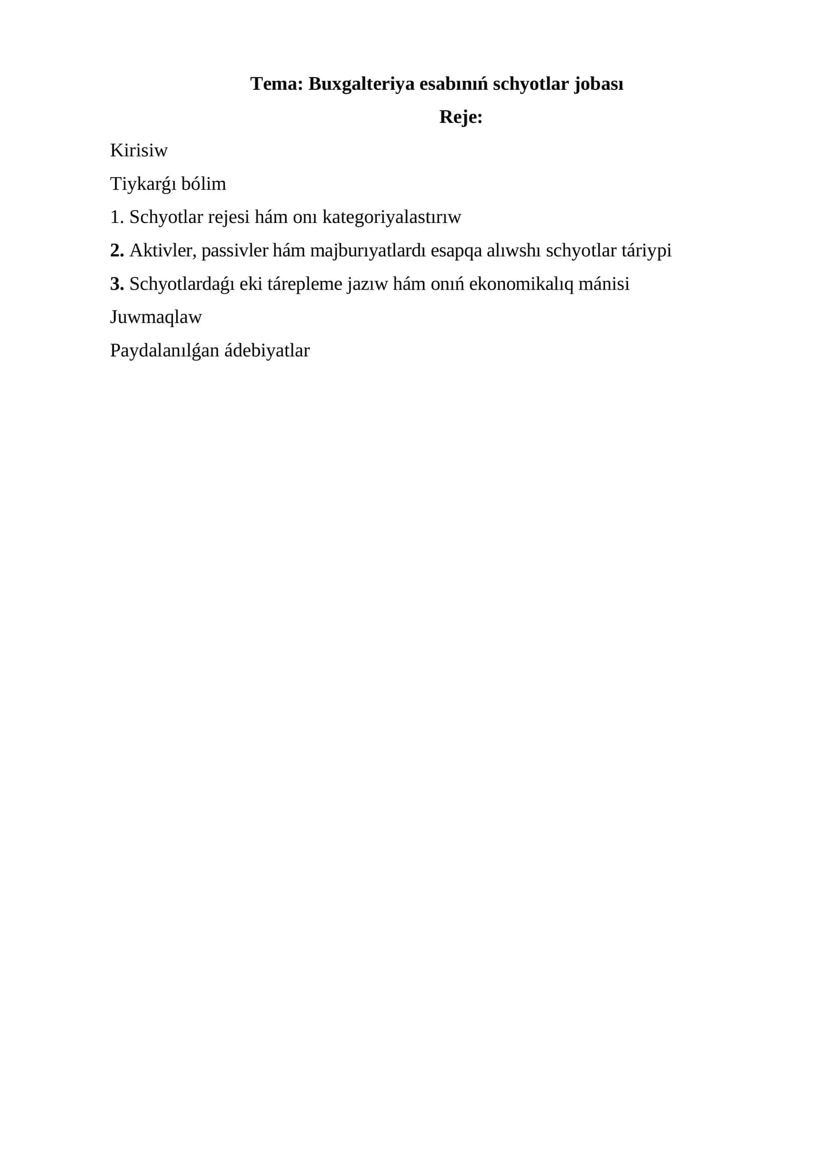 Buxgalteriya esabınıń schyotlar jobası