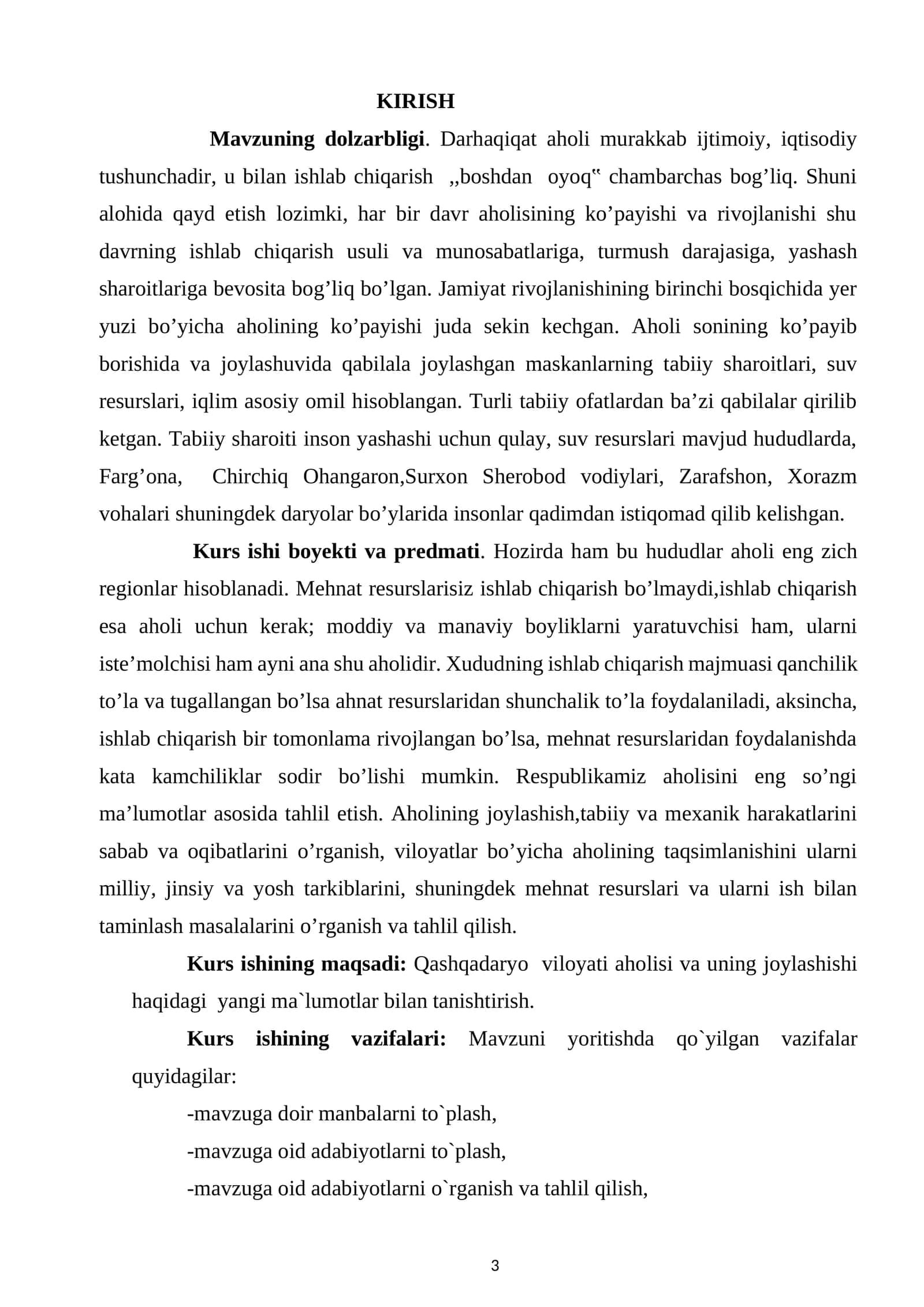 O’ZBEKISTON AHOLISI VA UNING UMUMIY
XUSUSIYATLARI