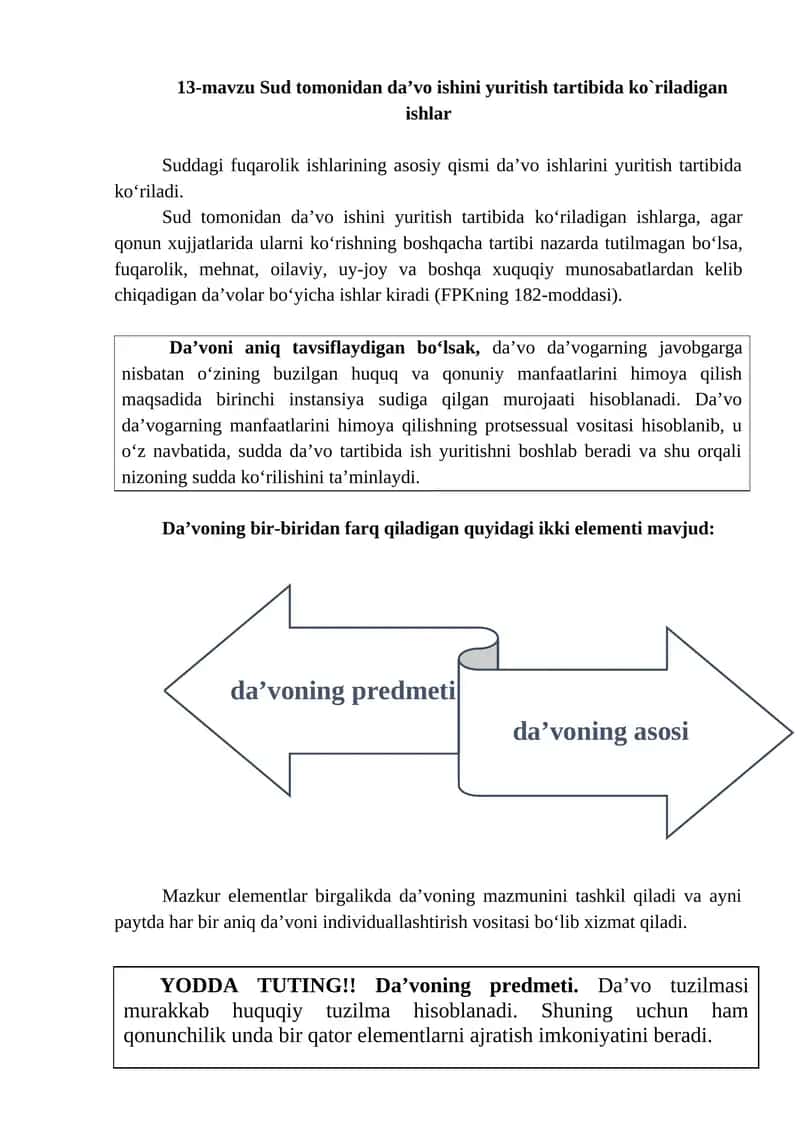 Sud tomonidan da’vo ishini yuritish tartibida ko`riladigan ishlar