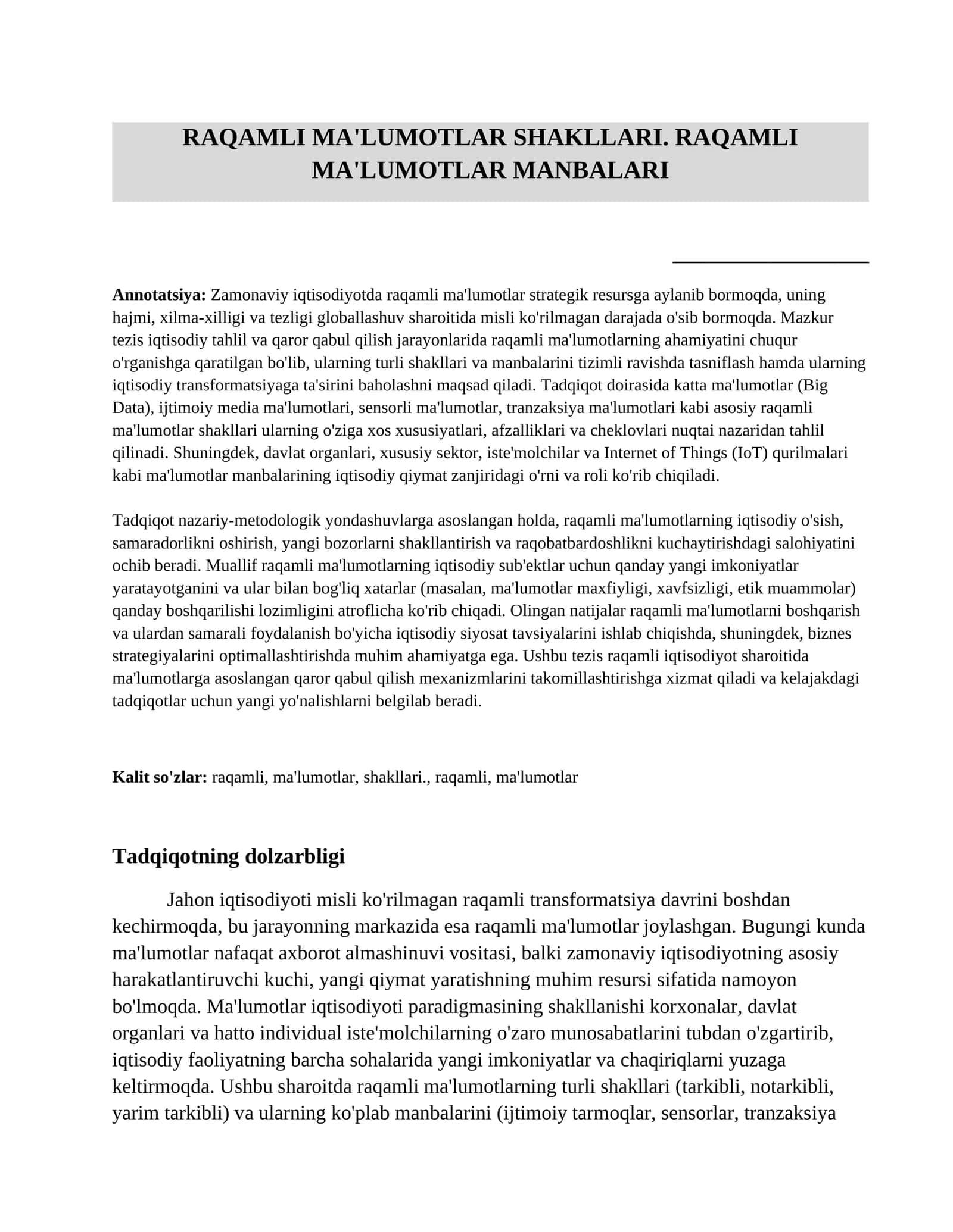 Raqamli ma'lumotlar shakllari. Raqamli ma'lumotlar manbalari