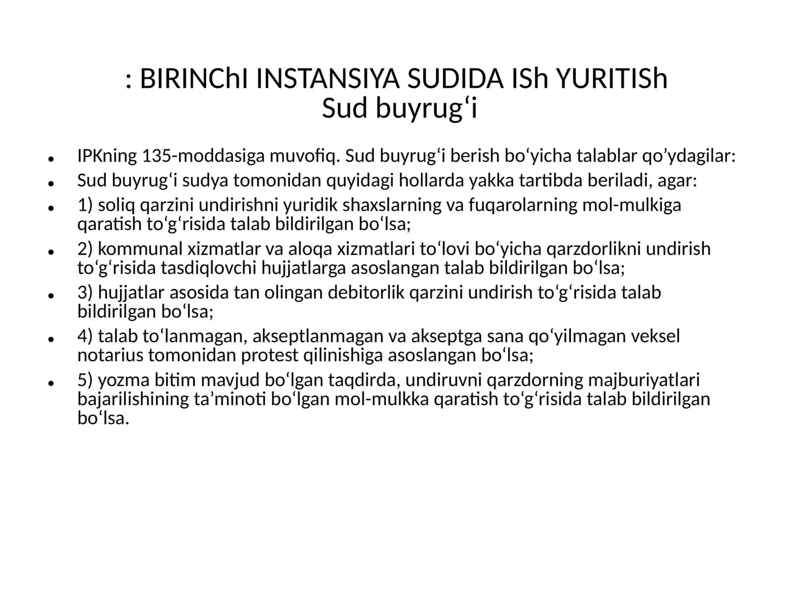 BIRINChI INSTANSIYA SUDIDA ISh YURITIShSud buyrug‘i