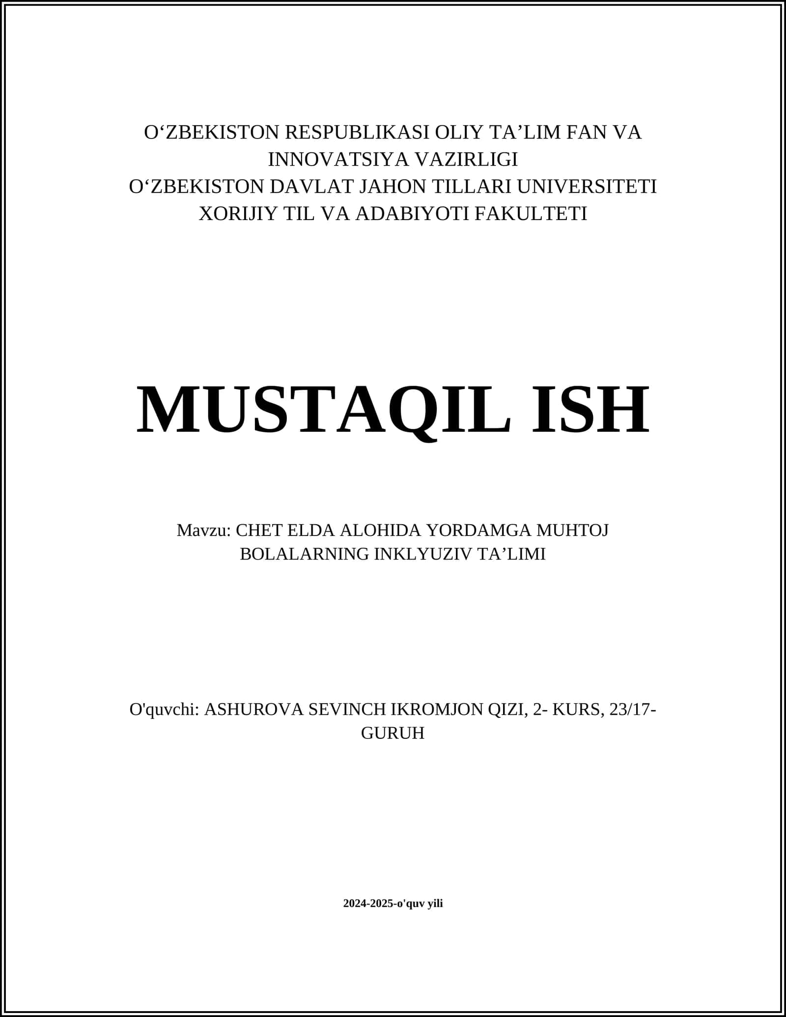 CHET ELDA ALOHIDA YORDAMGA MUHTOJ BOLALARNING INKLYUZIV TA’LIMI